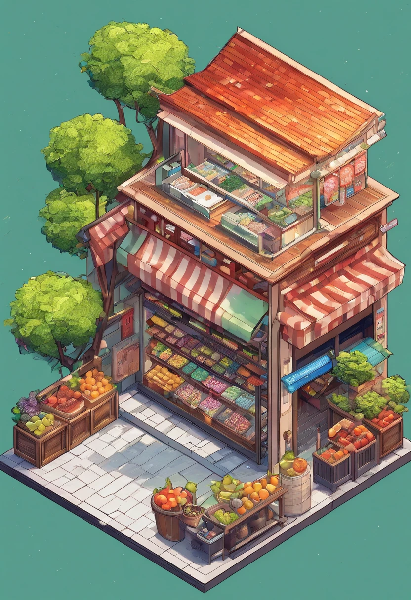 Overlooking 45 degrees，Small Japanese fruit shop, cellshading