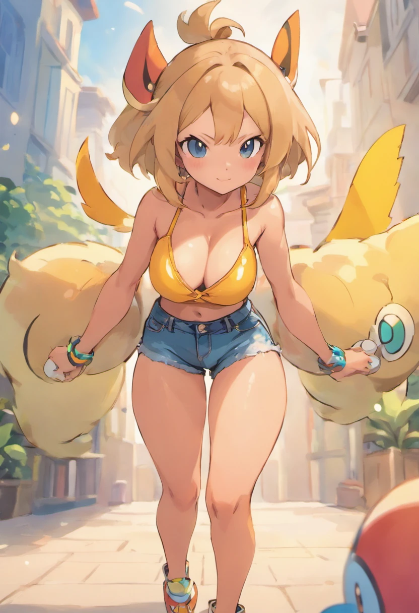 Big breasts, big crop top, big butt, small tight Jean shorts, tan skin