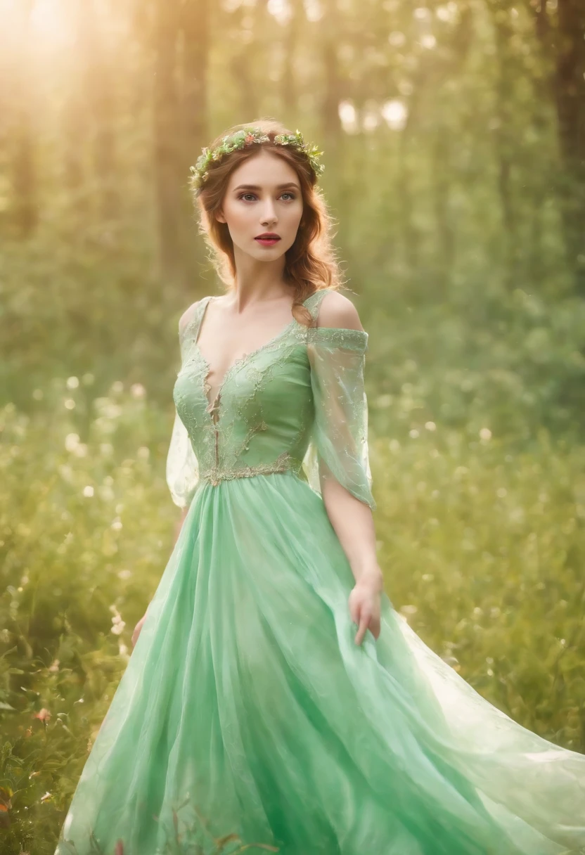 (Exquisite watercolor style)The wonderland of elf princesses,Charming and colorful environment,Colorful flowers,Green grass,Soft sunlight shines on her slender figure,Wearing a gorgeous dress,Pair it with sparkling gemstone jewelry,She floats gracefully in the air,The eyes reveal wisdom and innocence。