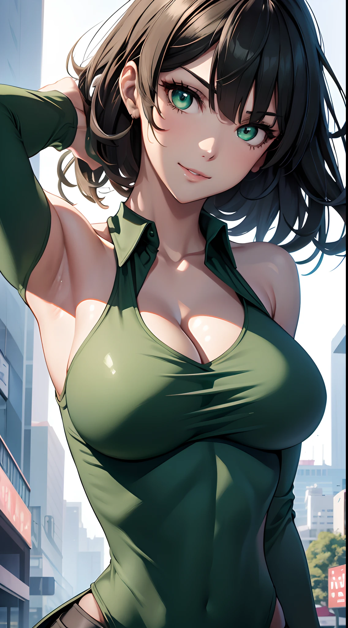 (best qualtiy,8K,32K,tmasterpiece,hyper HD:1.3),1个Giant Breast Girl,perfect bodies,Super detailed face,Bust photo,Large breasts,Black hair,Green clothes,upperbody closeup,ssmile,looks into camera,cleavage