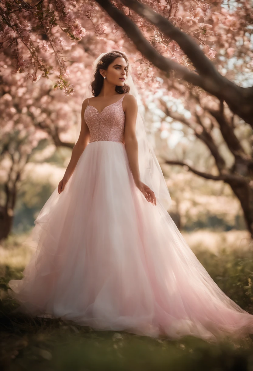 (Full body photograph of 1 girl dressed as a bride with large transparent veil and pink color dress + suave e delicado)+(Vestido longo em cores brilhantes, Luz brilhante, Cabelo loiro longo e liso + Olhos brilhantes e acolhedores)+(pink petals+ Brisa suave+ with blue sky and white clouds + Bosques verdes)),upper body