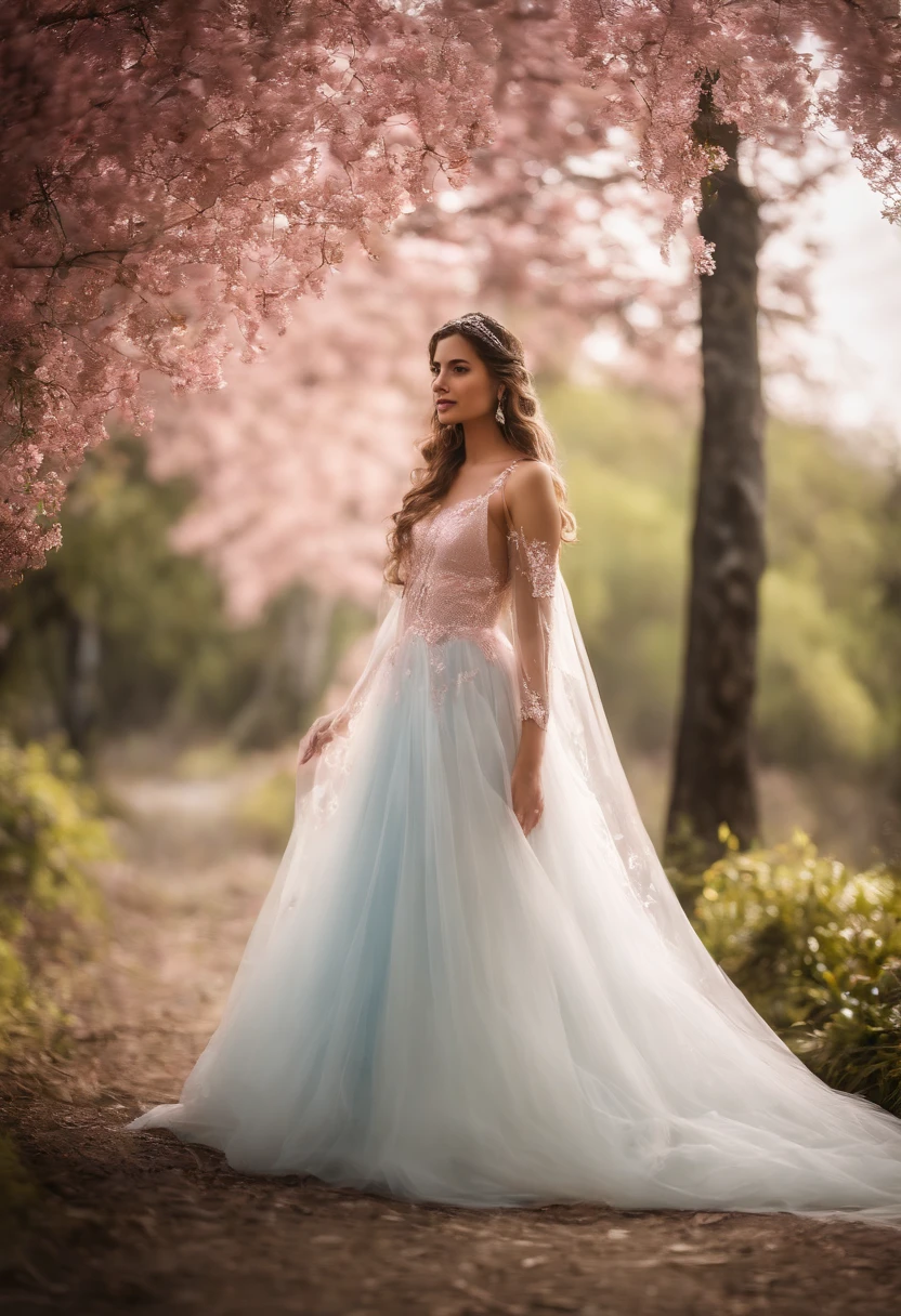 (Full body photograph of 1 girl dressed as a bride with large transparent veil and pink color dress + suave e delicado)+(Vestido longo em cores brilhantes, Luz brilhante, Cabelo loiro longo e liso + Olhos brilhantes e acolhedores)+(pink petals+ Brisa suave+ with blue sky and white clouds + Bosques verdes)),upper body
