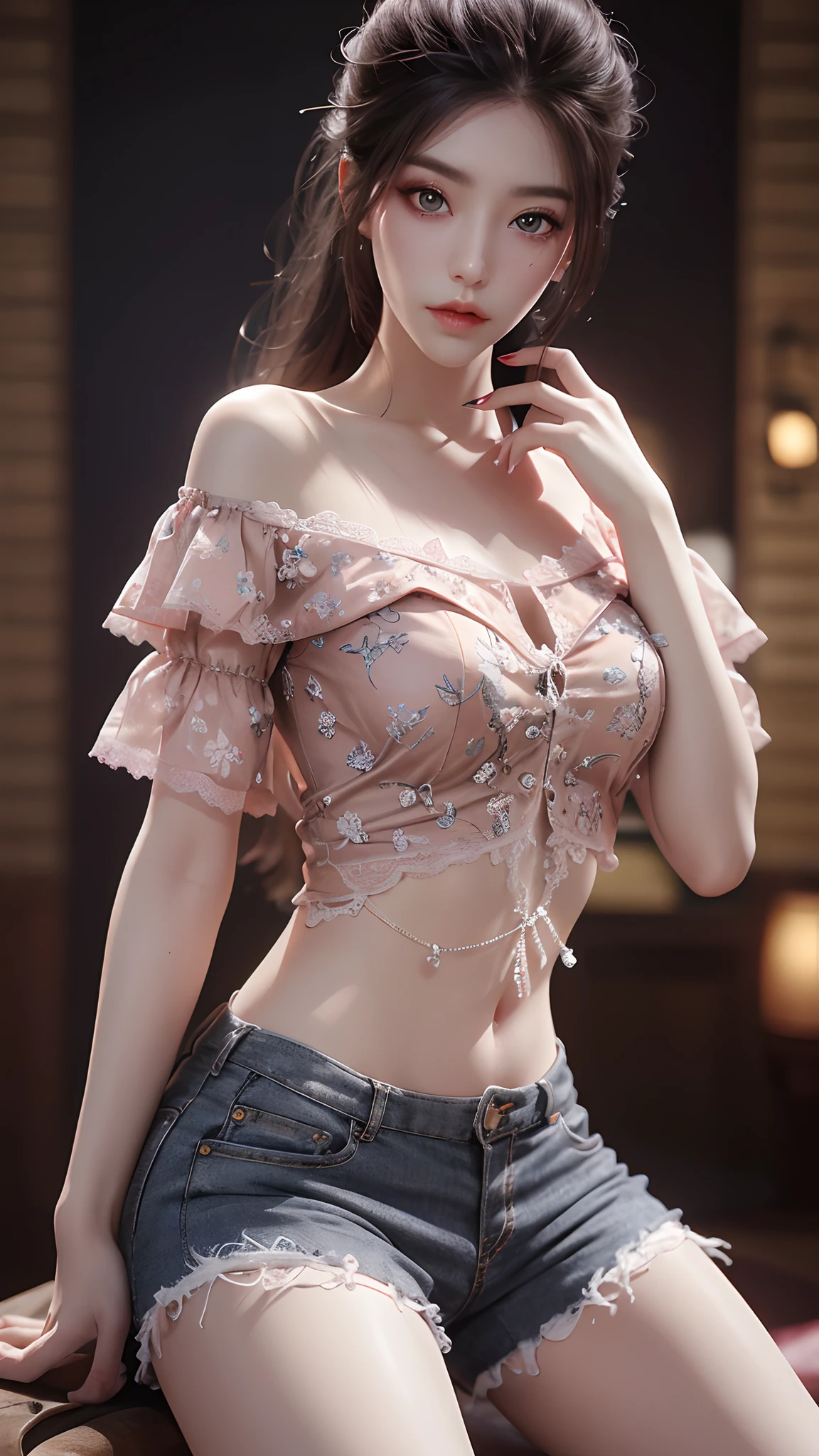 Best quality, masterpiece, ultra high res, (photorealistic:1.4), raw photo, 1woman hottie of 32 years old, goddess, off shoulder, pijama lace short pants, cinematic lighting