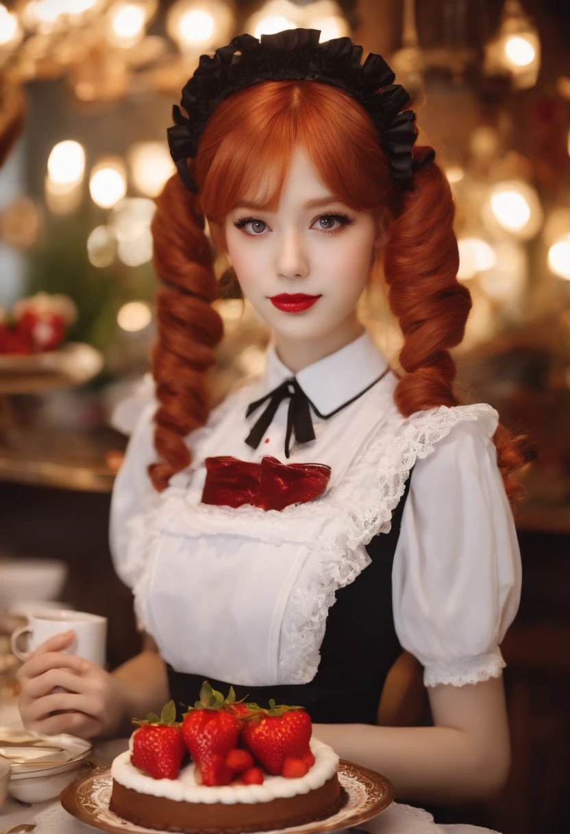 Promotional photo, the place is a coffee shop, 1 girl, 16-year-old face, waitress carrying cake to the table, red-haired twin tails, gentle face, half costume of gothic lolita and maid costume with the image of strawberries, clothes based on white,