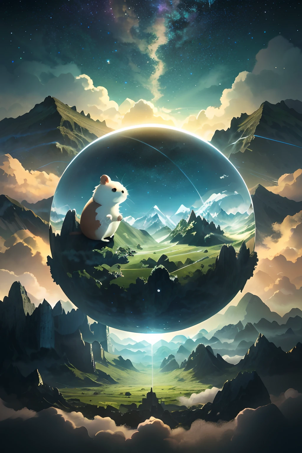 A giant mirror sphere floating in space, flickering lights, sad hamster lost (heaven like green fields surrounded by high mountains and clouds:1.3), particles in the air, god rays, stars in the background, intricate fractals, detailed, (illustration), masterpiece, high resolution, best quality.