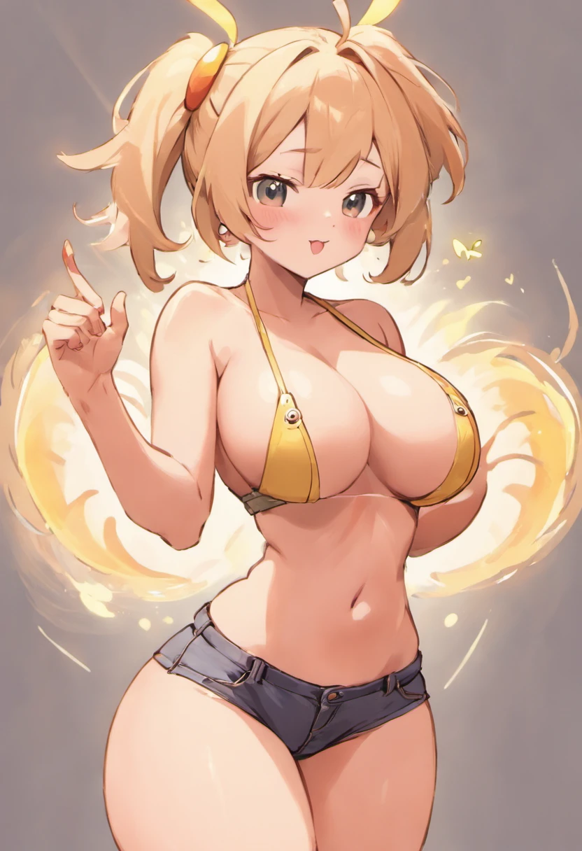 Big breasts, big crop top, big butt, small tight Jean shorts, tan skin, blushing, ahegao