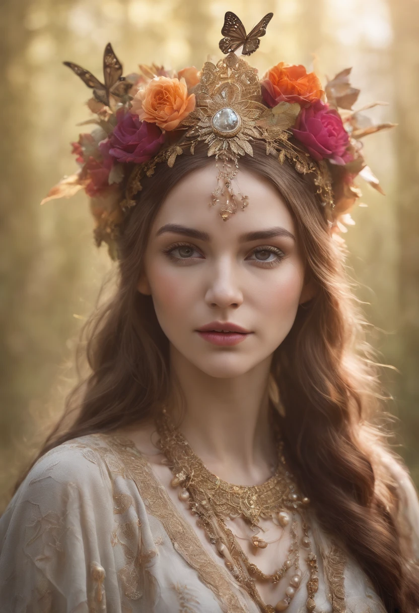 Beautiful shaman woman, sweets and candies from jewels, diamonds, rubies, pearls, interaction details gold and silver threads, dramatic lighting, 8k, high detail, hyper detail, flowers and butterflies, hyper detail, digital art by carne griffiths, sam toft, and carne griffiths and Mr. Bean by awwchang, brooke shaden, cinematic, dark fantasy, 3d rendering, illustration, live, photography, portrait photography, product, typography, poster, wildlife photogr