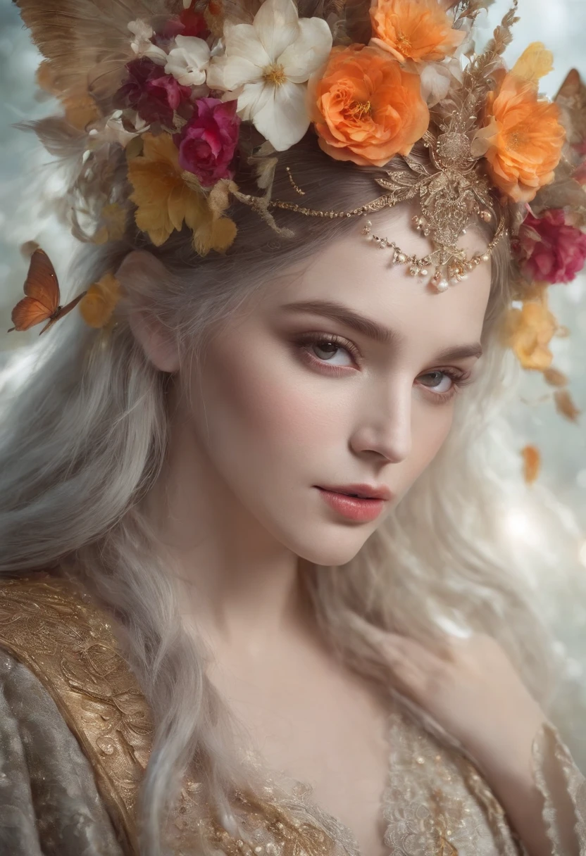 Beautiful shaman woman, sweets and candies from jewels, diamonds, rubies, pearls, interaction details gold and silver threads, dramatic lighting, 8k, high detail, hyper detail, flowers and butterflies, hyper detail, digital art by carne griffiths, sam toft, and carne griffiths and Mr. Bean by awwchang, brooke shaden, cinematic, dark fantasy, 3d rendering, illustration, live, photography, portrait photography, product, typography, poster, wildlife photogr