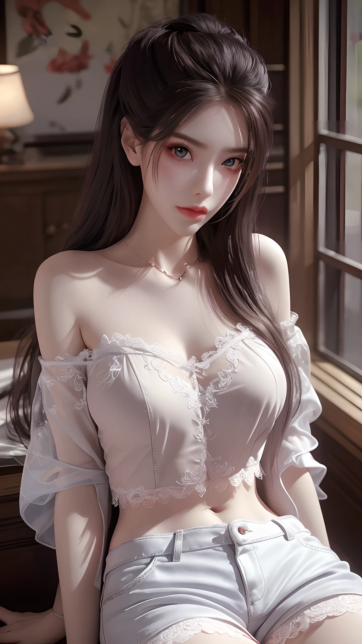 Best quality, masterpiece, ultra high res, (photorealistic:1.4), raw photo, 1woman hottie of 32 years old, goddess, off shoulder, pijama lace short pants, cinematic lighting