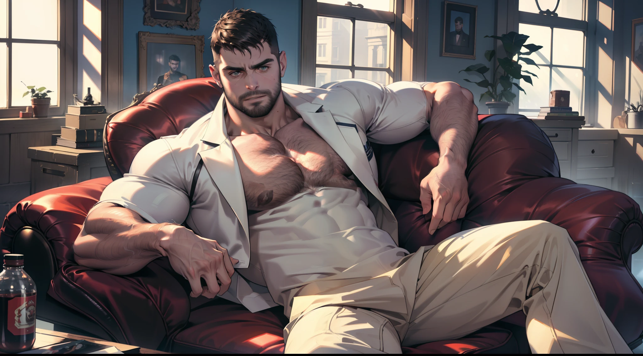 (best quality,4k,8k,highres,masterpiece:1.2),ultra-detailed,(realistic,photorealistic,photo-realistic:1.37),1 man,shirtless,chest exposed,chest hair,sitting on a red chair,background with window,short black hair with shaved sides,undercut,sexy,red leather chair,dark wood window frame,romantic ambiance,strong sunlight streaming through the window,well-defined muscles,lean and fit physique,well-groomed beard,sharp jawline,intense gaze,confident posture,masculine charm,subtle shadows highlighting facial features,chest hair peeking through,crisp white trousers,stylish accessories,artistic composition,impeccable attention to detail,vivid colors,subtle textures,dramatic lighting,playful mix of warm and cool tones,rich contrast between the chair and the background,attractive male figure,alluring presence, captivating and sensual atmosphere