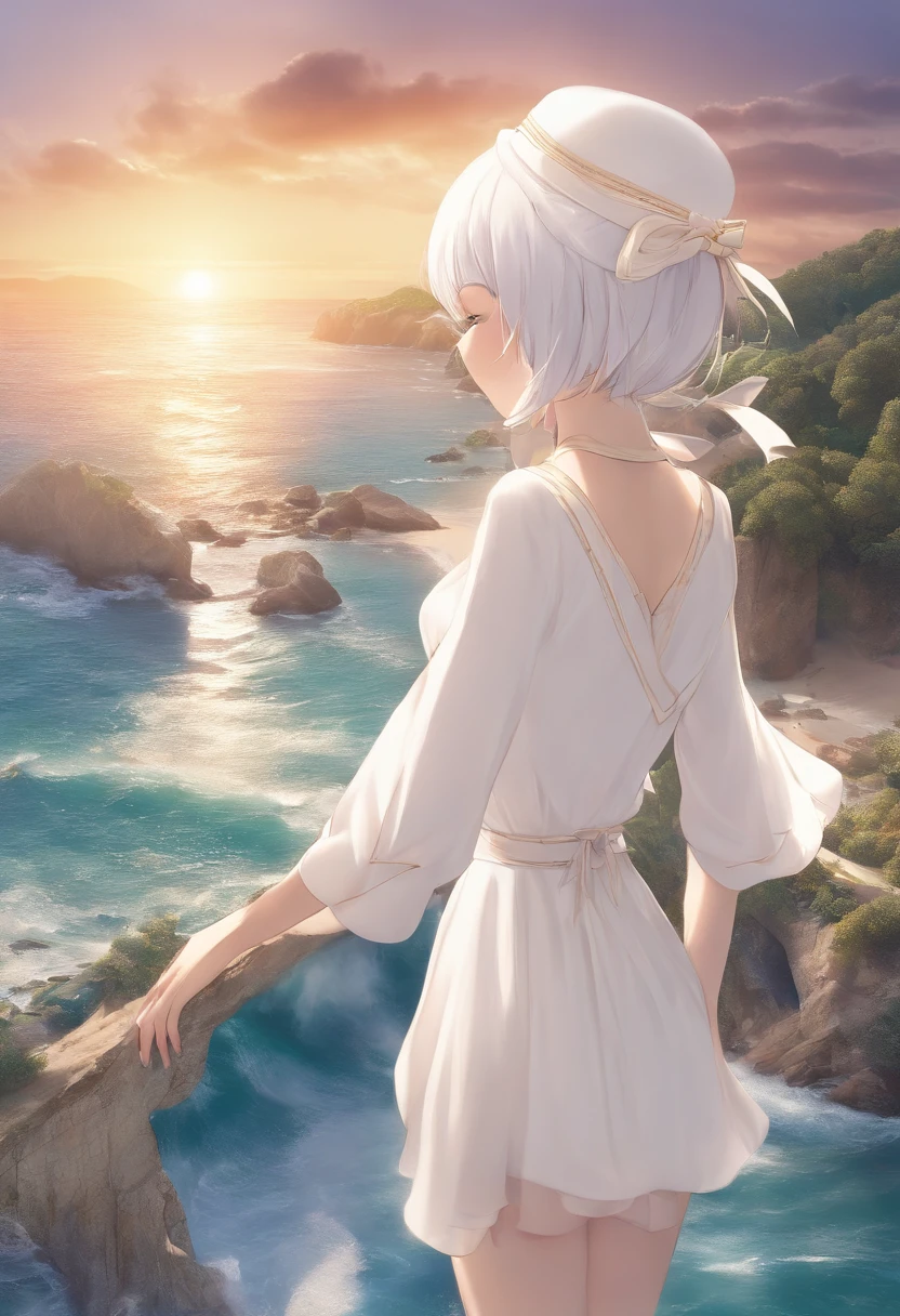 Best quality, Masterpiece, , ,short, Huge breasts, White hair,Low Twin Tails, Purple eyes, Eugene Chris, Thin double tail,, beach, Sea, White dress, White skirt, White one-piece, Straw hat, (((Shy))), (cheerfulness), Leaning forward, Summer, From above, reaching out, Smiling,