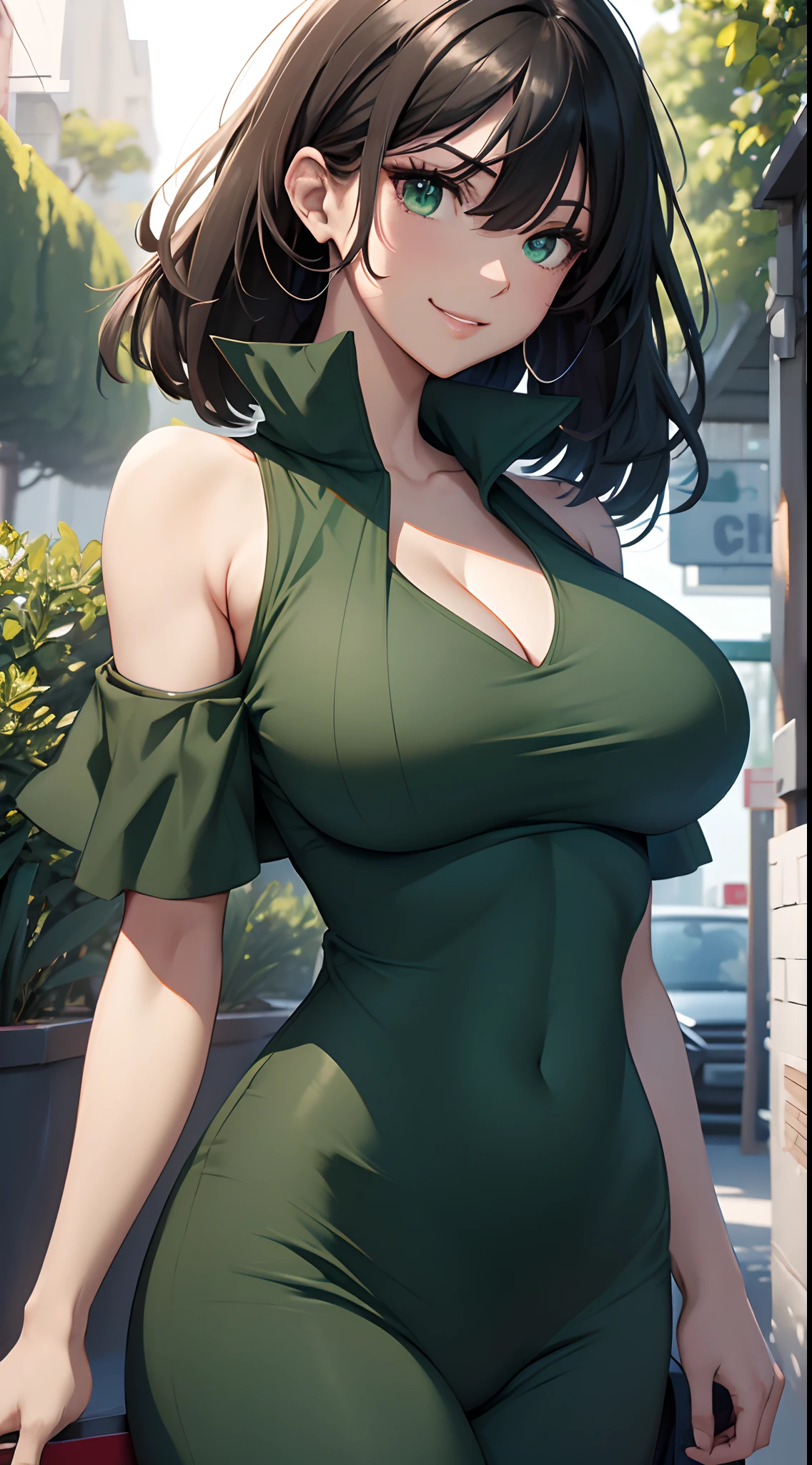 （best qualtiy，8K，32K，tmasterpiece，hyper HD：1.3），1个Giant Breast Girl，perfect bodies，Super detailed face，Bust photo，Large breasts，Black hair，Green clothes，upperbody closeup，ssmile，looks into camera，cleavage