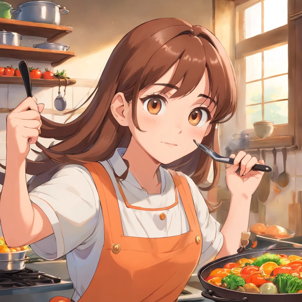 Flat anime style shading, anime woman, Anime-style characters, flat anime style,house wife、Have a frying pan, Brown hair, pinafore, Powerful Pose、kitchin, Powerful anime girl,illustratio、Background orange、veggies