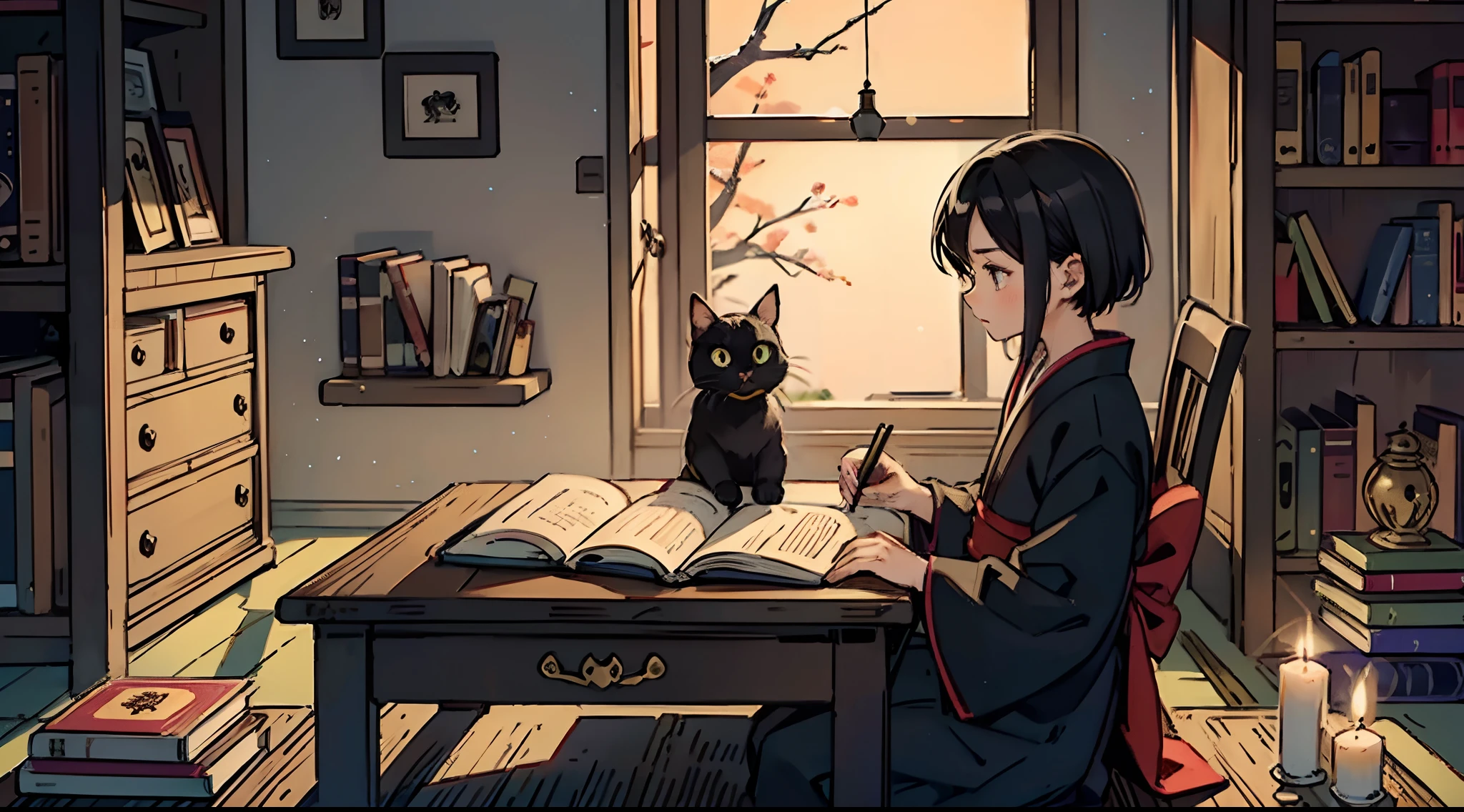 #Quality (intricate-detail、ultra-detailliert:1.2,cinematic shot),
#night sky (darkness of night),
#one writing boy (16 male、writer,Honor Students、A dark-haired、short-hair、hakama,sit flat),
#black room at night (Candle lighting,black cat,books on desk,one candle,pretty tatami,a lot of books,bookshelf)