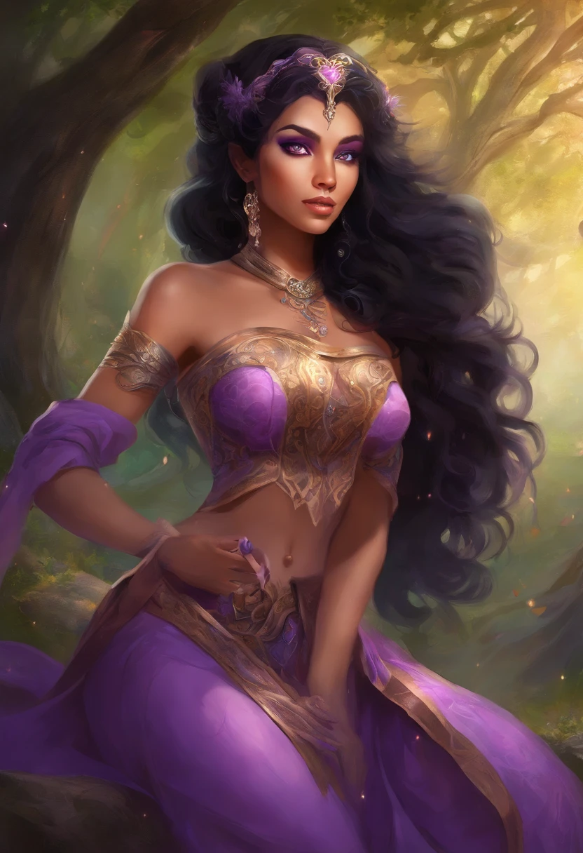 pinup, beautiful woman, half-elf, (((black hair))), (((purple eyes))), violet eyes, light brown skin, long hair, dark gothic makeup, (thicc), (enormous breasts), small pointy ears, Persian, western fantasy vista background