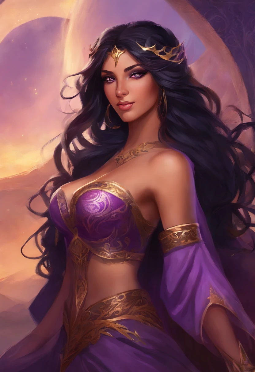 pinup, beautiful woman, half-elf, (((black hair))), (((purple eyes))), violet eyes, light brown skin, long hair, dark gothic makeup, (thicc), (enormous breasts), small pointy ears, Persian, western fantasy vista background