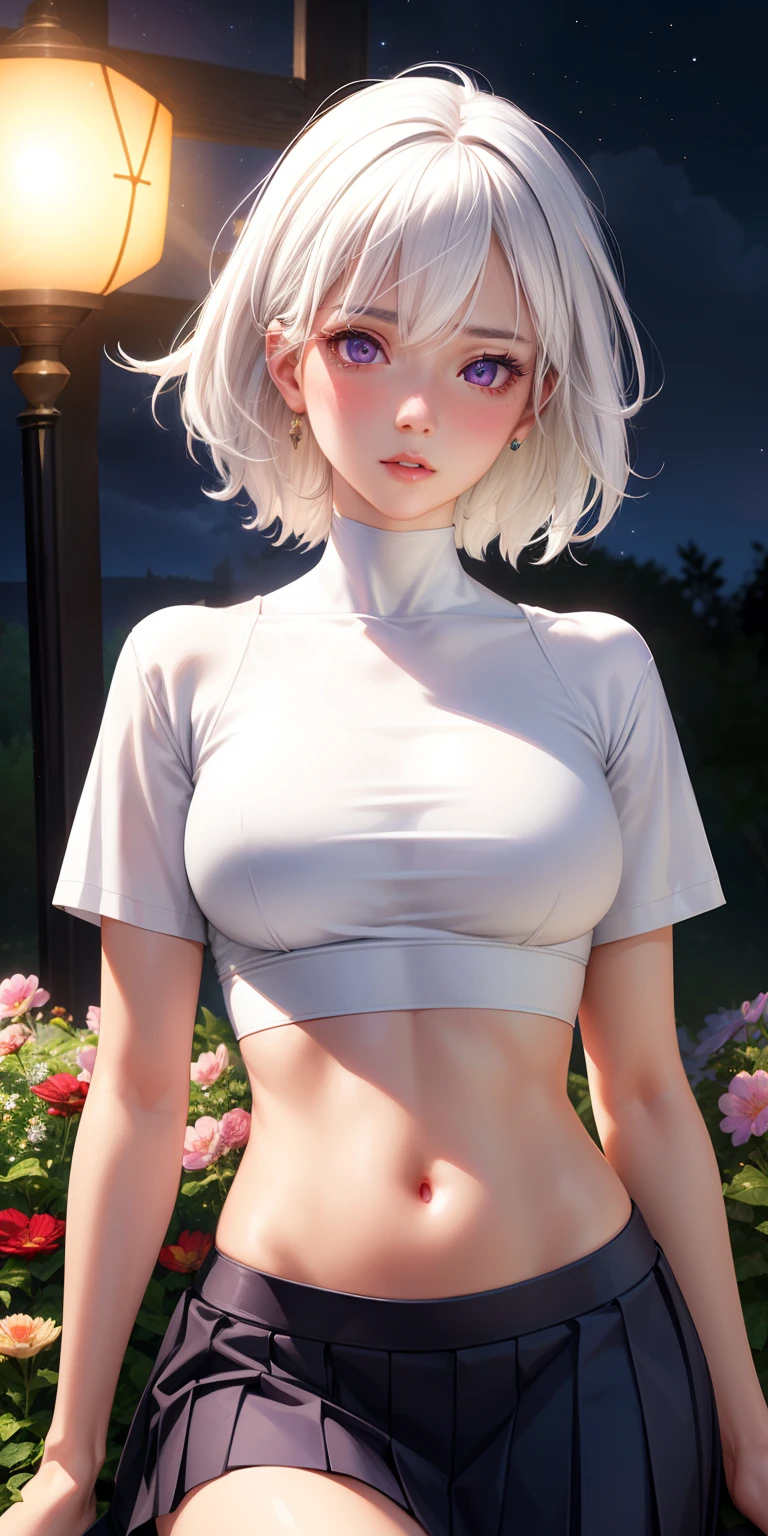 realistisch, 1girl, white hair, lila Augen, Glowing eyes, Crop-Top, Rock, parted lips, Blush, Nacht, Blumen, Sonne, Sonnelight,