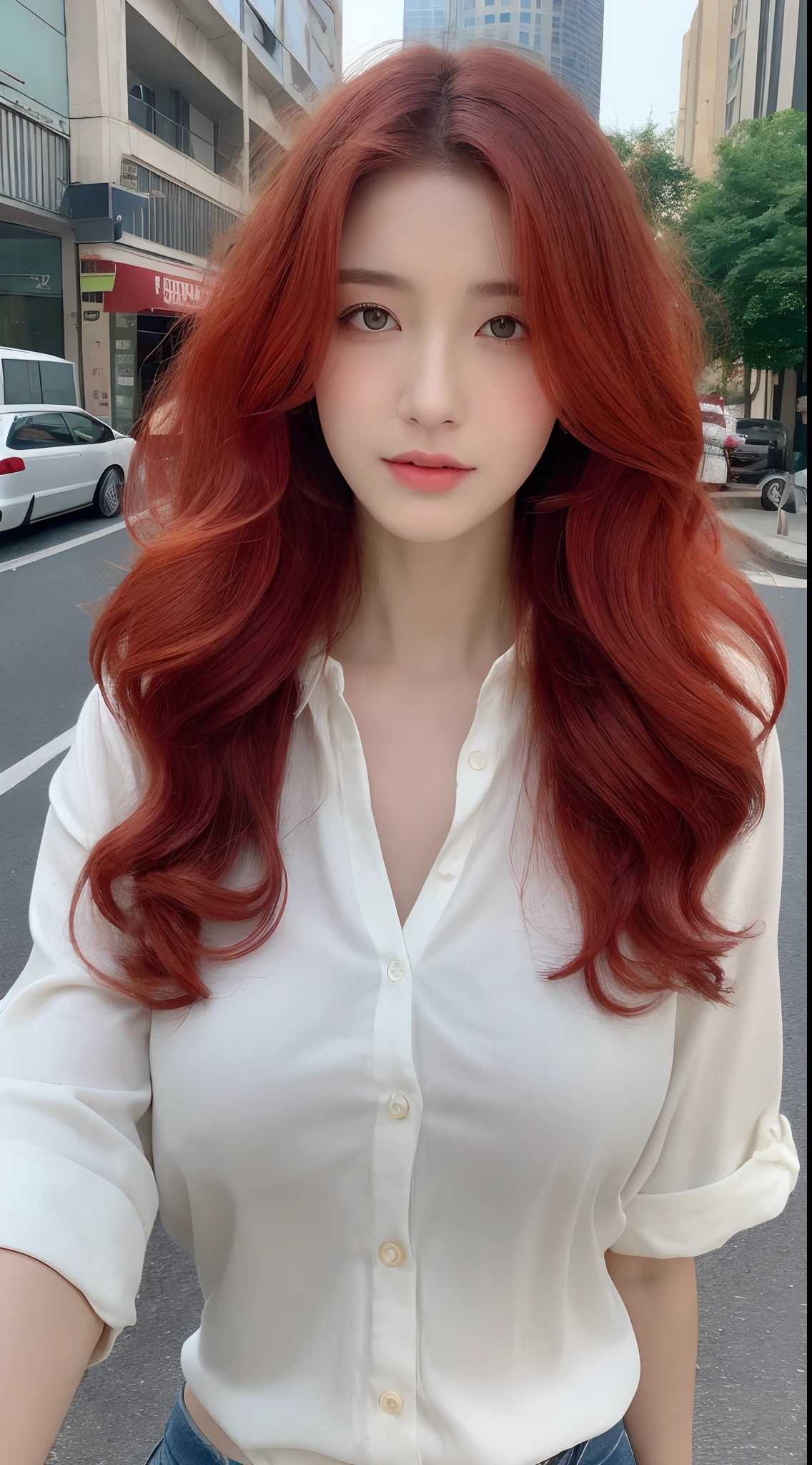 ((Realistic lighting, Best quality, 8K, Masterpiece: 1.3)), Clear focus: 1.2, 1girl, Perfect body beauty: 1.4, Slim abs: 1.1, ((Red hair, Milk: 1.3)), cowgirl pose, (Outdoor, daytime: 1.1), Country street, Super fine face, fine eyes, double eyelids, curly hair, fair skin, Big breasts, random color clothes