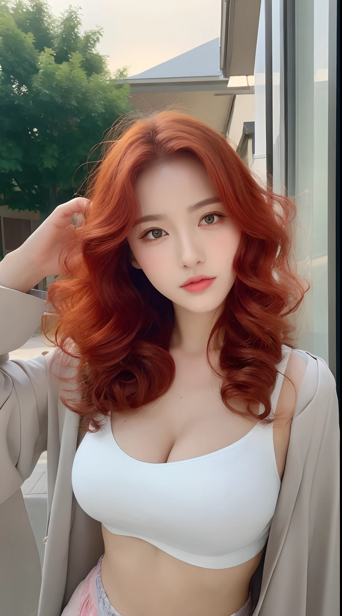 ((Realistic lighting, Best quality, 8K, Masterpiece: 1.3)), Clear focus: 1.2, 1girl, Perfect body beauty: 1.4, Slim abs: 1.1, ((Red hair, Milk: 1.3)), cowgirl pose, (Outdoor, daytime: 1.1), Country street, Super fine face, fine eyes, double eyelids, curly hair, fair skin, Big breasts, random color clothes