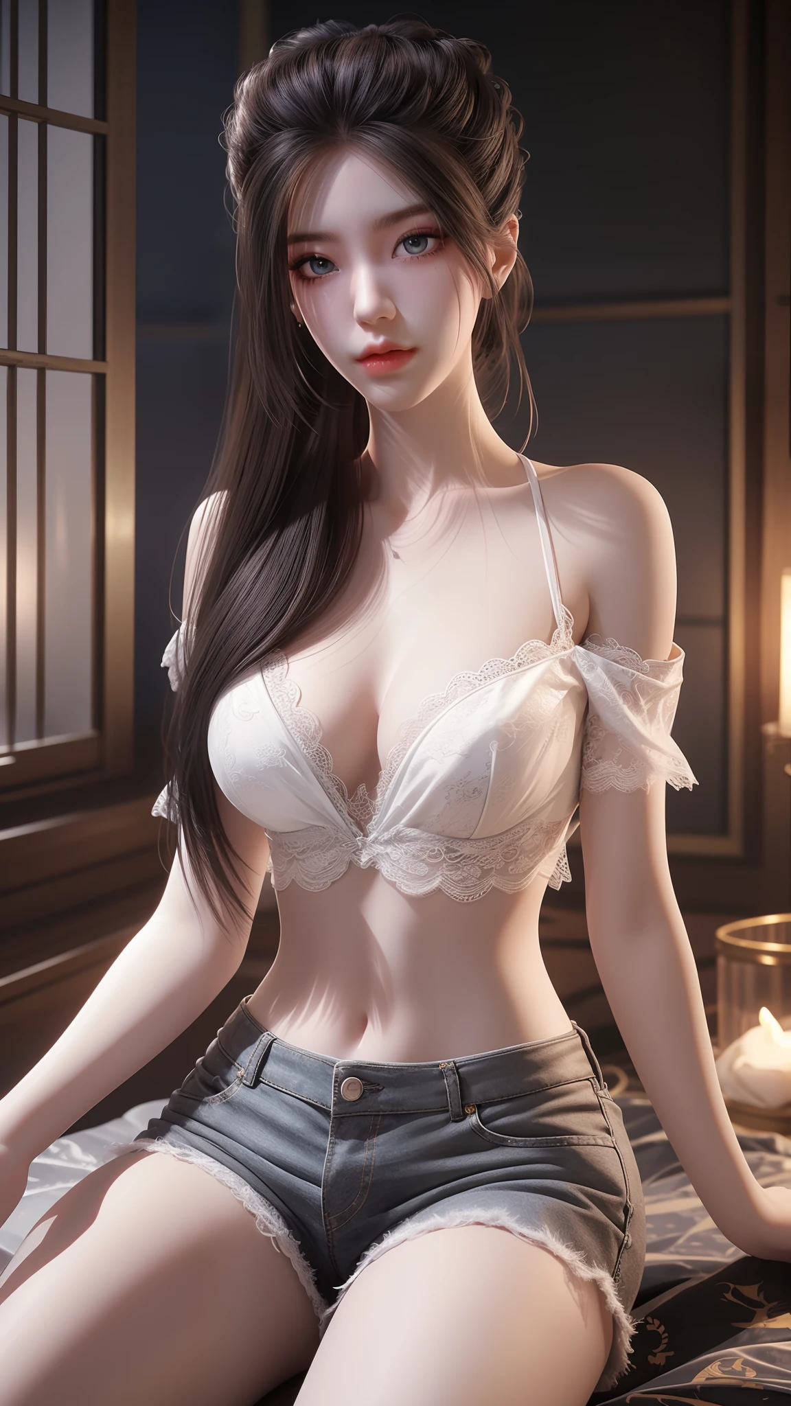 Best quality, masterpiece, ultra high res, (photorealistic:1.4), raw photo, 1woman hottie of 32 years old, goddess, off shoulder, pijama lace short pants, cinematic lighting