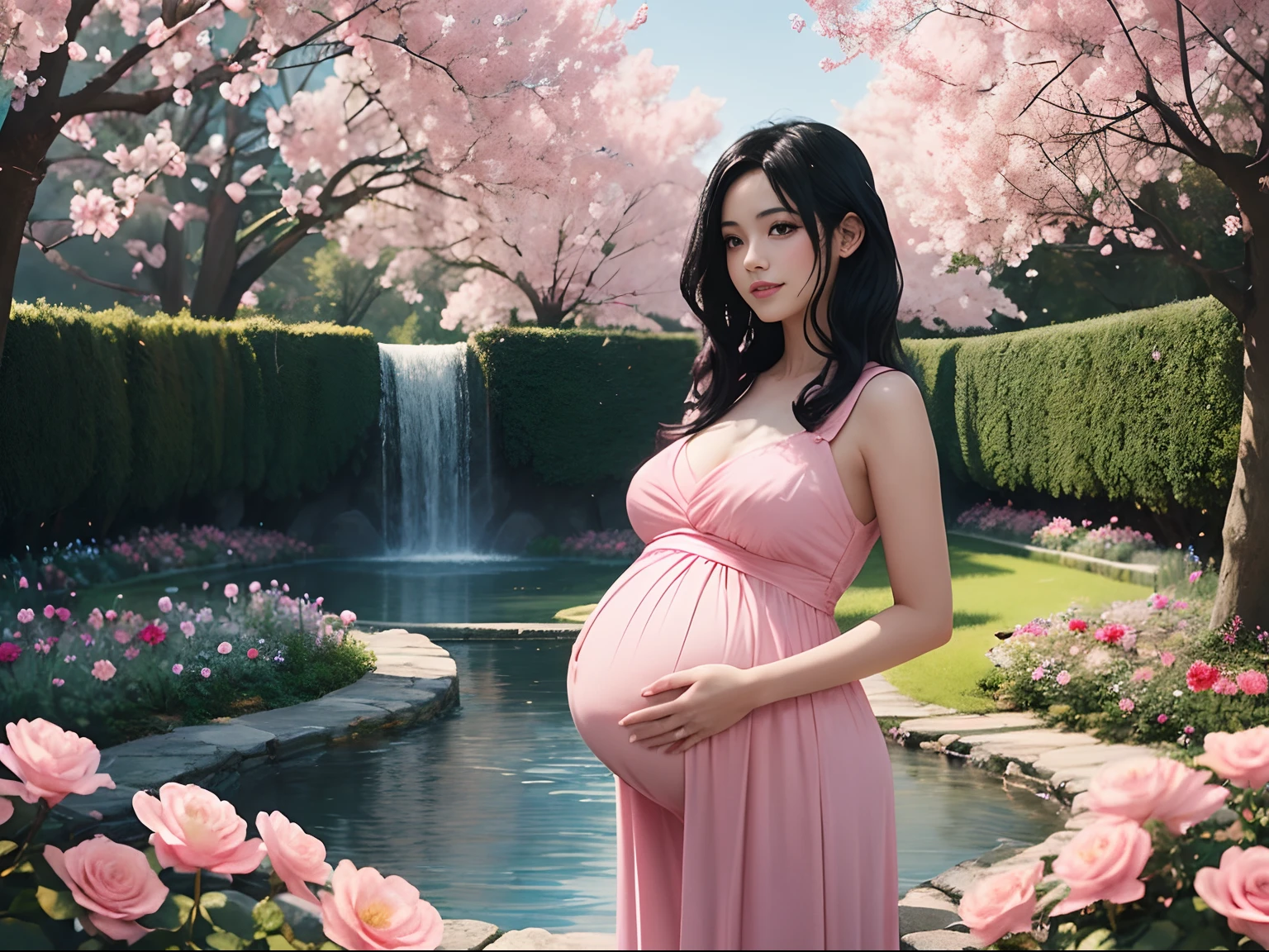 "Render in watercolor style, Highlight pregnant woman adorned with pink dress, 。.com ((((flowing black hair)))) It is full of enchanting gardens and emphasizes its beauty ((((pink flowers)))). Soft and delicate light surrounds the scene, Emphasis on a sense of accomplishment and happiness. gently, She puts her hand on her belly, While the surrounding landscape harmoniously blends shades ((((Rosa)))) And the elements of nature. This high quality illustration is、Don't just capture the moment, however、It is also、Shows the art of painting in watercolor, Highlight the complexity of ((((A dark-haired)))) And a unique artistic style."