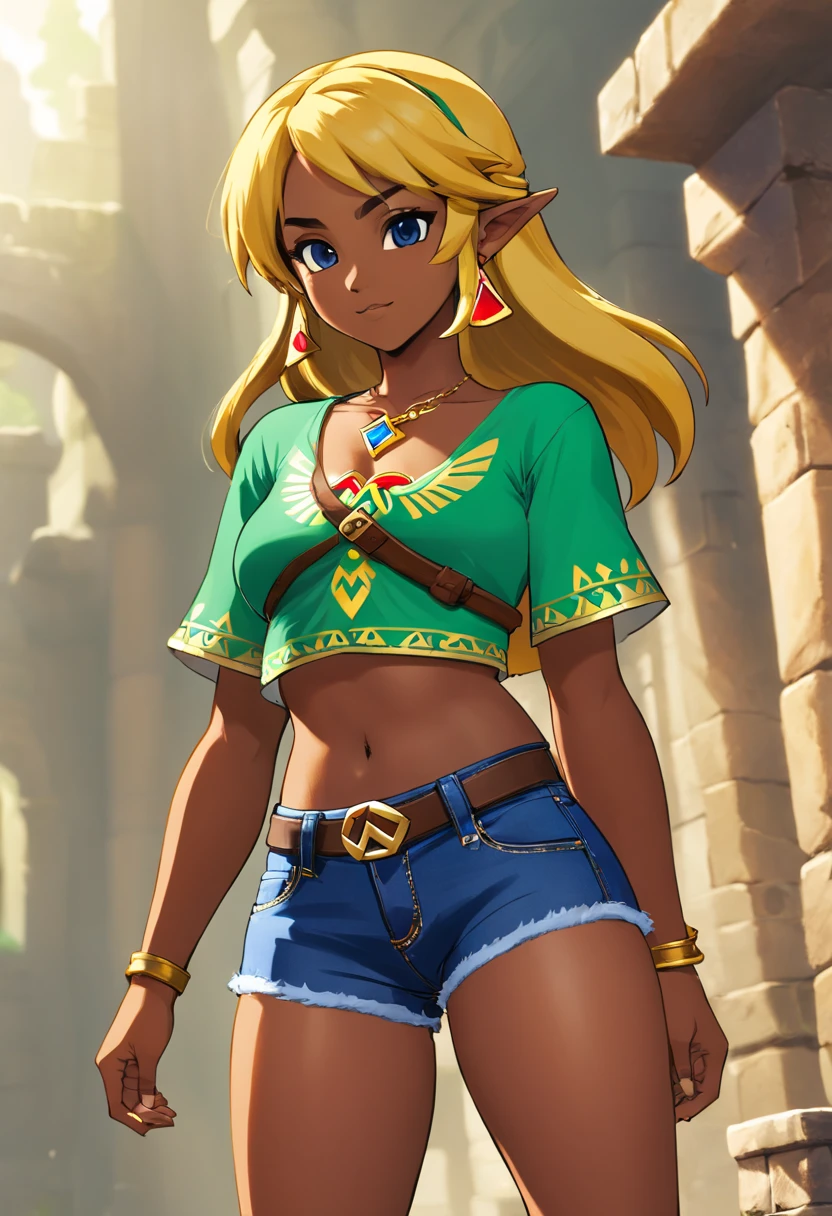 Big breasts, big crop top, big butt, tight Jean shorts, light black skin
