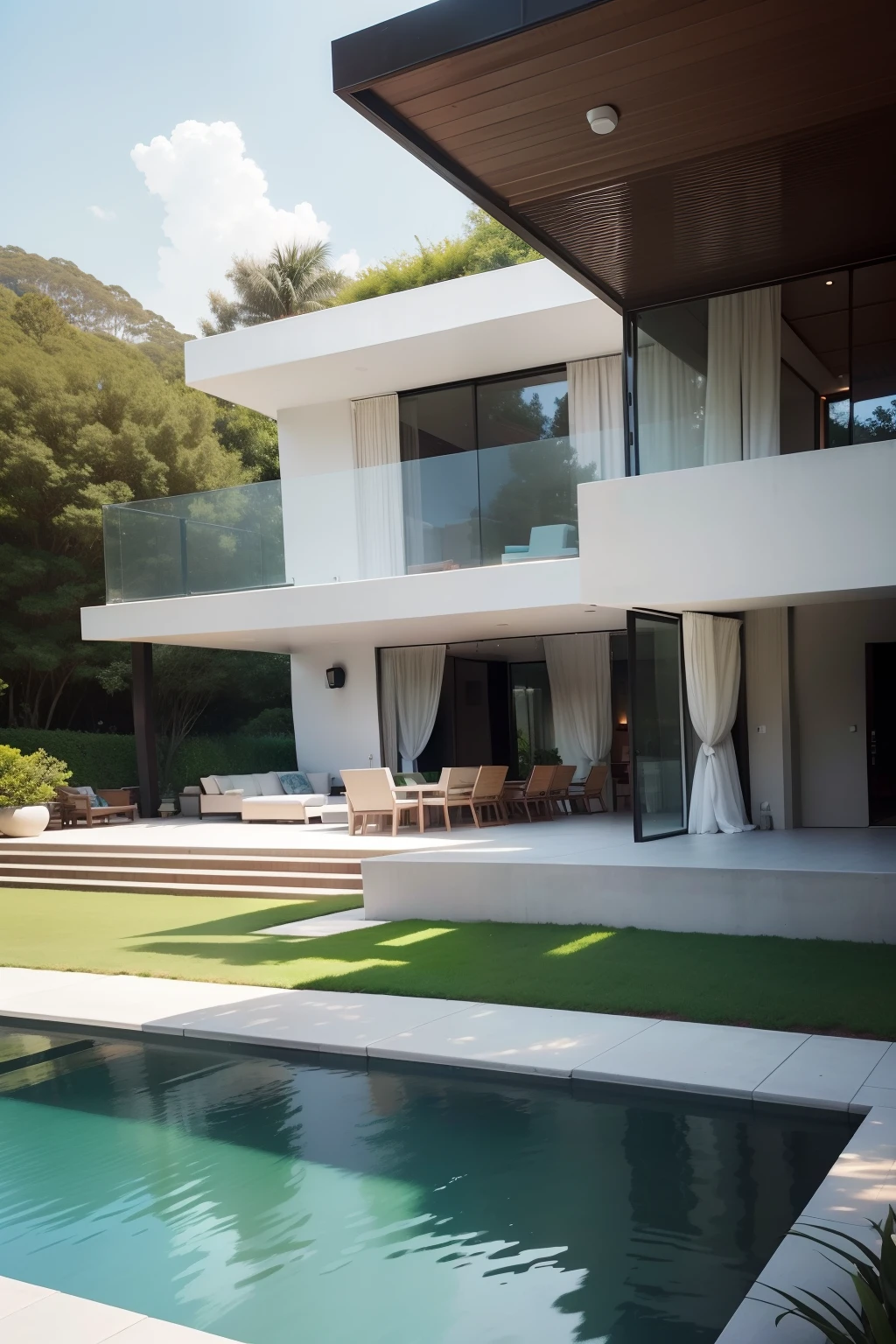 Visualiza una impresionante casa de arquitectura moderna, with elegant lines and a minimalist façade. The house is located in a quiet environment and surrounded by lush vegetation. The design of the house focuses on making the most of the panoramic views of the surroundings. Desde el interior, se pueden apreciar hermosos paisajes naturales, Like mountains or a lake., through the large windows. Furthermore, se ha creado una terraza en el techo para que los residentes puedan disfrutar al aire libre y contemplar el vasto cielo estrellado por las noches. in garden, Landscape design elements are highlighted, like a pond with aquatic plants and a fountain that creates a relaxing atmosphere. Outdoor seating areas have also been incorporated, With comfortable furnishings and a space to barbecue with friends and family. En el interior de la casa, se han utilizado materiales modernos y elegantes, como el vidrio y el acero, to create bright and contemporary spaces.