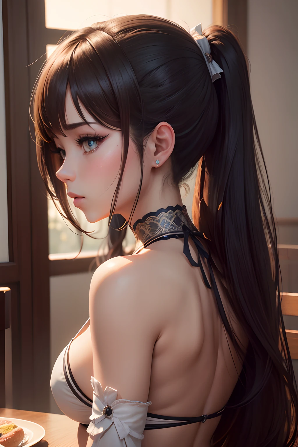 high resolusion, ultrasharp, 8k, obra maestra, mona from genshin impact, tetas medianasy sexys, perfil, sentada en la mesa, llorando, triste, de perfil, erotic, backview