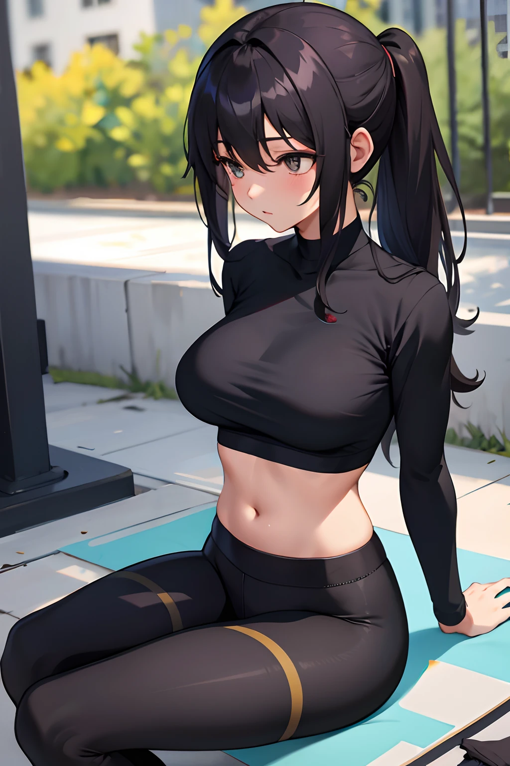 Masterpiece, Best Quality, (((Solo mature woman))), (((Black hair))), long black hair, milf, mole on face, older woman, ear ring, model, sexy gaze, medium chest , medium breasts, wide hips, brown black eyes, in the gym, sitting, cleavage, in gym on mat, bare feet, slightly smile, innuendo, smug gaze, (((wearing black Yoga pants and sports bra)))