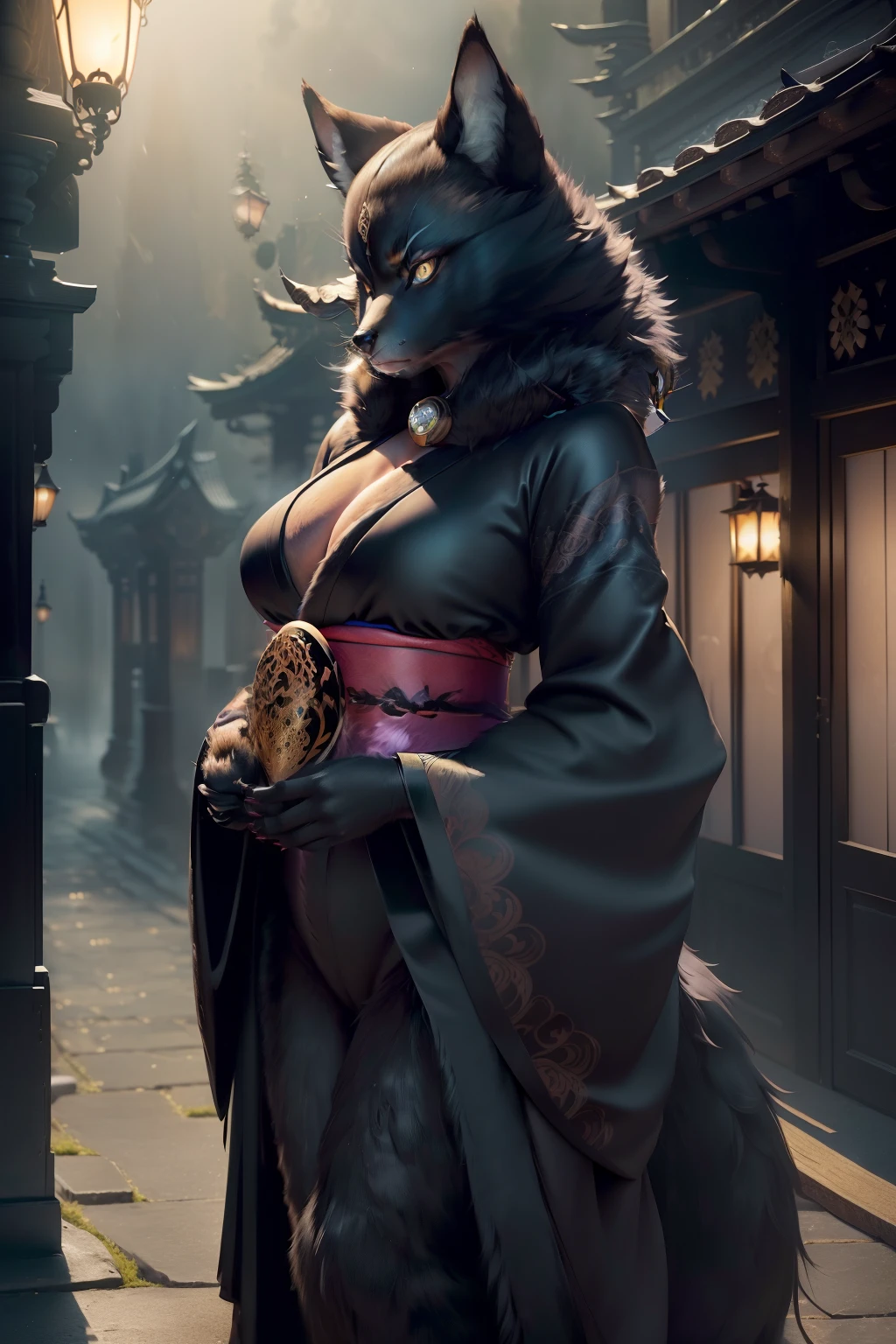 (full body), curvy pure black furred furry kitsune in a kimono, gothic city, detailed kimono pattern, long flowing hair, majestic nine pure black tails, intricate gold embroidery, absurdres perfect anatomy((Beastwoman))(Furry, Solo focus, dress)(furry anthro:1.7)(((furry body, Facial features of animal, Features of the animal body)))(((muzzle of the animal, very detailed long thick pure black fur(kimono)))All over body, towering Gothic architecture, ethereal atmosphere, mysterious glowing lanterns, shadowy alleyways, swirling mist, hauntingly beautiful moonlit sky, moody lighting, dark and dramatic color palette, ornate carved stone gargoyles, distant echoing footsteps, distant sound of a violin playing melancholic melody, enchanting charm, otherworldly presence, subtle hints of magical aura, (best quality,4k,8k,highres,masterpiece:1.2) and the artwork is (realistic,photorealistic,photo-realistic:1.37), capturing every fine detail of the kitsune' pure black fur, the kimono's delicate fabric.