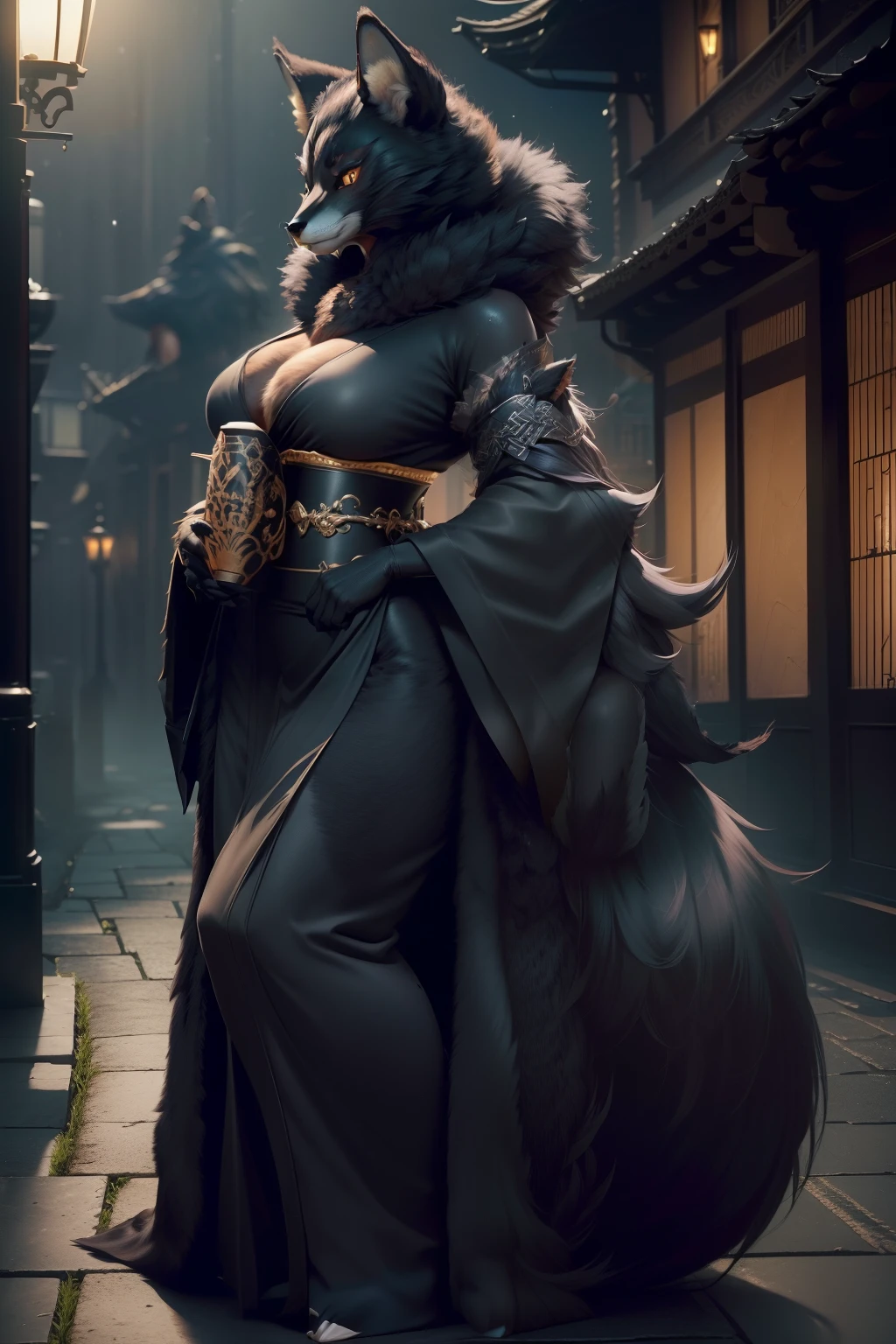 (Replace the skin texture with detailed black animal fur.), absurdres perfect anatomy((Beastwoman))(Furry, Solo focus, dress)(furry anthro:1.7)(((furry body, Features of a fox)))((very detailed long thick black fur))