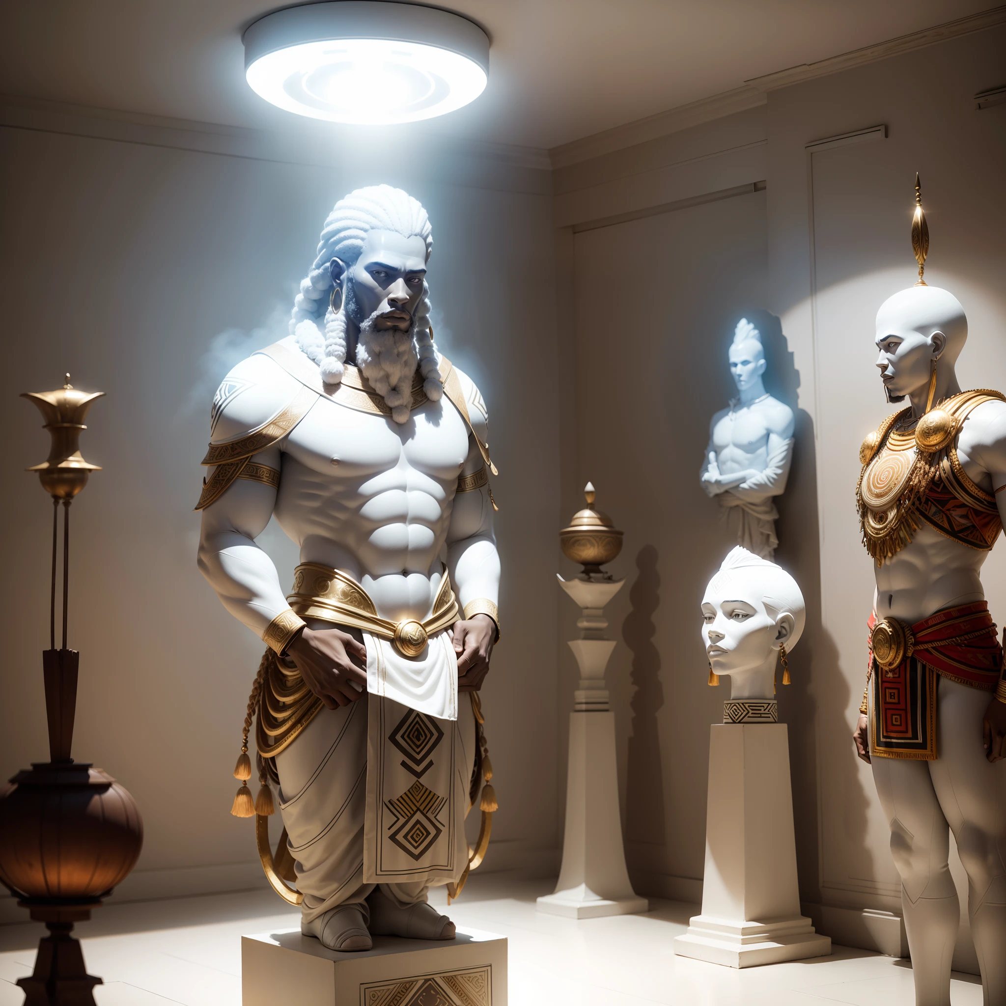 Full body shot of white coloured Giant head sculpture of an African man with African designs on it,  in a coloured white African designed room full of African weapons and African instruments, the whole scene in white colour, white smoke in scene, with iridescent light, highly-realistic image, 32k, ultra HD, cinematic lighting, artgerm style