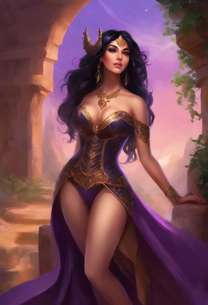 pinup, beautiful woman, half-elf, (((black hair))), (((purple eyes))), violet eyes, very light brown skin, long hair, dark gothic makeup, (thicc), (enormous breasts), small pointy ears, Persian, western fantasy vista background