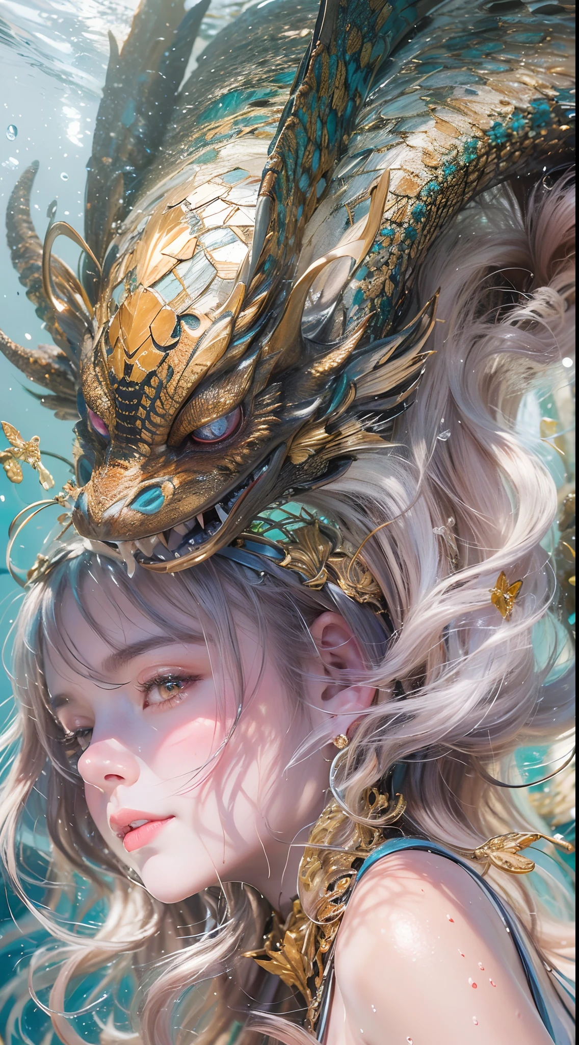 low-teengirl, 10yo, princess of dragon, close-up body, underarm, armpit, (Highest quality authentic textured skin),(abyssal),(Fine, Round, Symmetrical eyes),Delicate facial features,(Burning bright and cold eyes), she have beautiul tiger eyes, very slim and thin body, naked, nude, (She has a mischievous smile on her face),(Her face is gentle and beautiful),Glass earrings on the ears,,(Blonde hair),(silvery white hair),(Maroon hair),(Swim at the bottom of the sea),(Full body portrait:1.5),(Dramatic photo:1.4),(dramatic pose),(flamboyant photo)(facing up),(Looking down),(Around her neck hangs a simple necklace of exquisite craftsmanship),A messy painting,(Hair flows in water:1.5),(Underwater, Marine life, Beautiful coral reef, Fish),(Vortices and tidal currents in the background),(Dramaticlight),(Magnificent scene),(Surrounded by beautiful dragon),In the distant background is a temple submerged in a coral reef,the reef,Epic realism,Cinematic feeling,(high-density imaging review:1.5),(Soft color:1.2),Ultra detailed,Dramaticlight,(intricately details:1.1),the complex background,