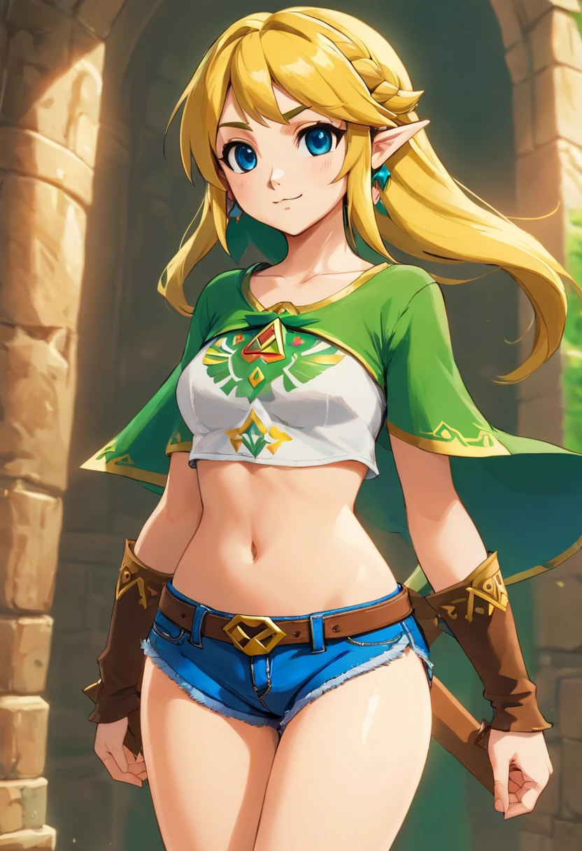 masterpiece, best quality, 1girl, (pricess zelda, nintendo, the legend of zelda, botw, totk, short hair, capelet), beautiful detailed eyes, perfect face, beautiful detailed face, looking at viewer, sigma 400mm f1.8, photo fine print, amazing sharp focus, ultra detailed, (large breasts, top off, underboob, embarrassed, outdoors, thong, cameltoe, holding dress,nsfw, midriff)