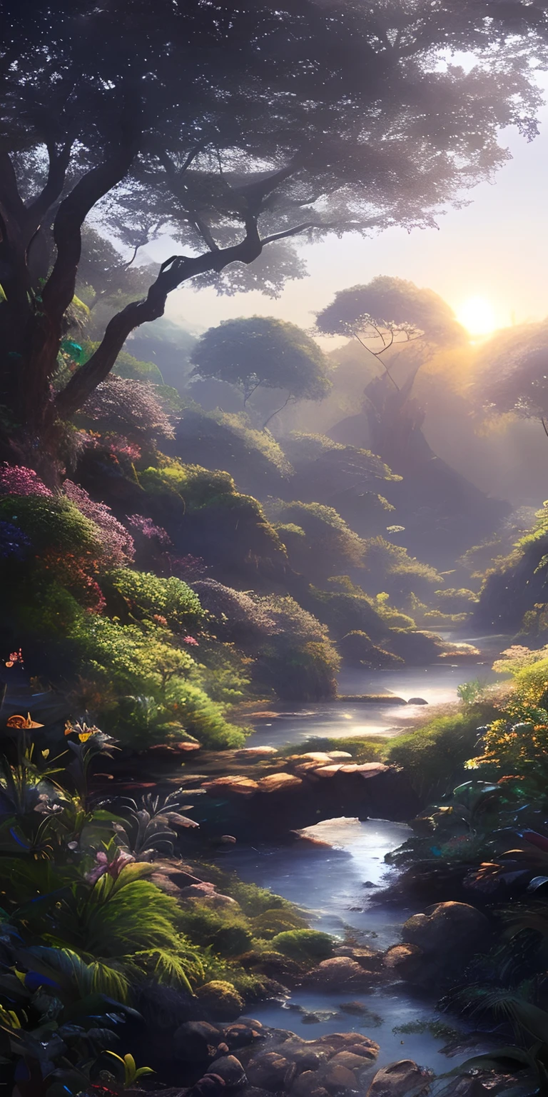 Digital illustration, detailed and intricate, of a lush African savanna filled with exotic flowers, plants and animals, the sunlight filtering through the canopy creating a dappled effect. A quiet river with small steps runs through the jungle, In the style of Yoshitaka Amano and Hayao Miyazaki, masterpiece, proportional, detailed, trending on artstation, beautiful lighting, realistic, intricate, award winning, 4k, highest quality, Award-winning, 4K digital painting in the style of Yoshitaka Amano. Beautiful lighting and cinematic composition make this piece a true masterpiece, trending on artstation