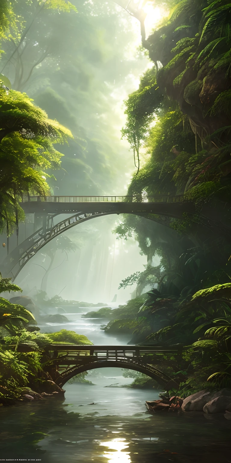 Digital illustration, detailed and intricate, of a lush African savanna filled with exotic flowers, plants and animals, the sunlight filtering through the canopy creating a dappled effect. A quiet river with small steps runs through the jungle, In the style of Yoshitaka Amano and Hayao Miyazaki, masterpiece, proportional, detailed, trending on artstation, beautiful lighting, realistic, intricate, award winning, 4k, highest quality, Award-winning, 4K digital painting in the style of Yoshitaka Amano. Beautiful lighting and cinematic composition make this piece a true masterpiece, trending on artstation