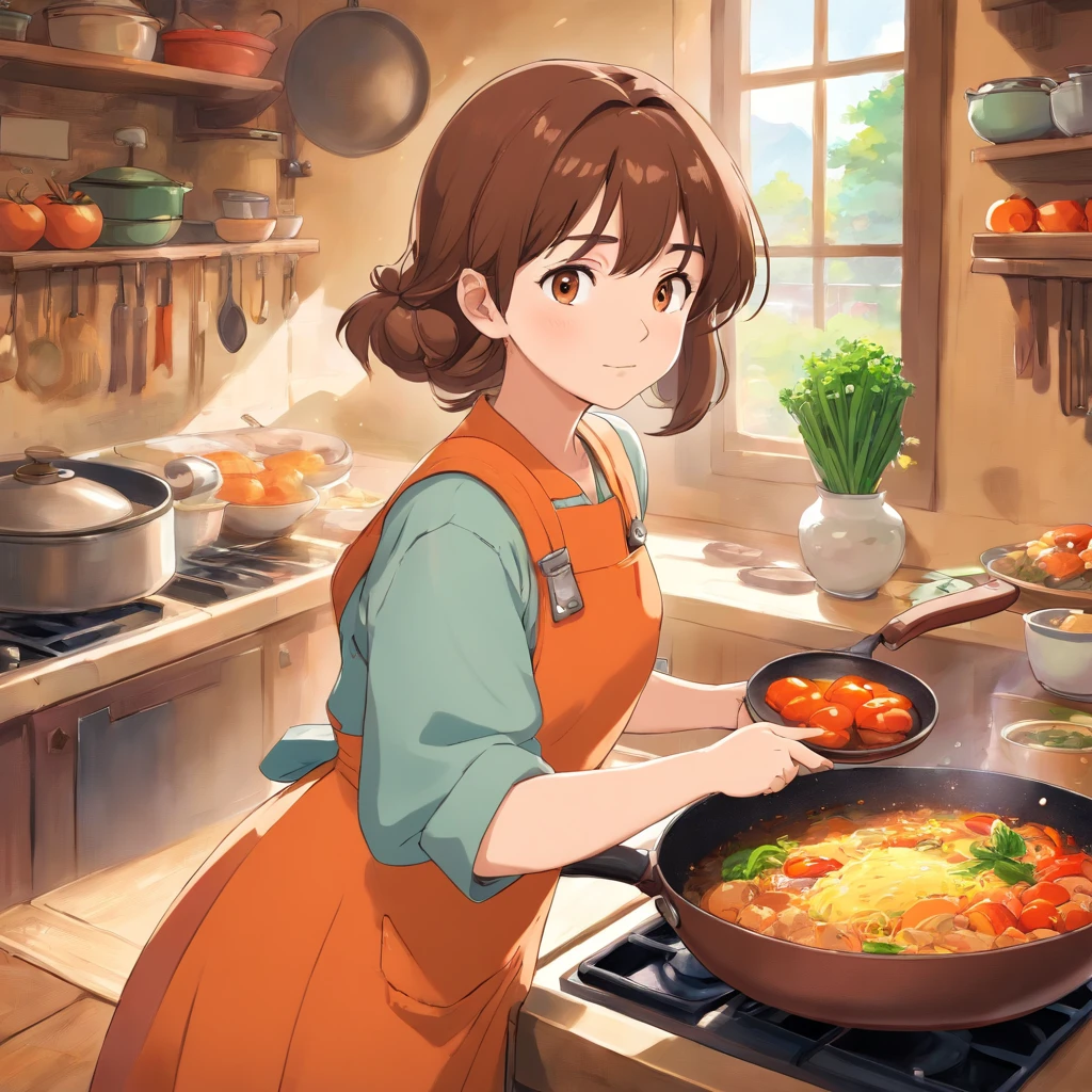 Flat anime style shading, anime woman, Anime-style characters, flat anime style,house wife、Have a frying pan, Brown hair, pinafore, Powerful Pose、kitchin, Powerful anime girl,illustratio、background orange、veggies、baby