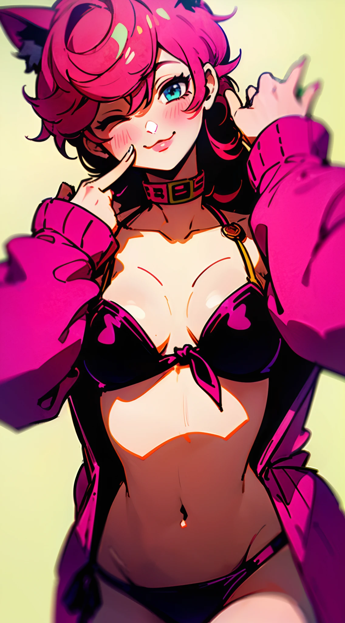 trishuna, trishjojo, trish jojo, trish una, pink hair, green eyes, pink lipstick, full lips, absurdres, absolutely resolution, incredibly absurdres, highres, ultra detailed, official art, unity 8k wallpaper, Kinetic Typography
BREAK
(1girl, solo:1.4), (li, cute, kawaii), dynamic poses, dynamic angle, cowboy shot, upper body
BREAK
smile, blush, looking at viewer, (peace symbol, fingers to cheeks:1.2), (head tilt, model posing:1.4), tongue out, one eye closed
BREAK
animal ears, animal ear fluff, cat ears, long hair, very long hair, pink hair, hair between eyes, bangs, blue eyes, breasts, small breasts, navel, closed mouth, hands up, groin, collarbone, coquettish skin
BREAK
open clothes, open shirt, open jacket, (pink jacket:1.4), shirt, pink shirt, sleeves past wrists, long sleeves, off shoulder, bare shoulders BREAK swimsuit, polka dot, bikini, micro bikini, (lowleg bikini ,polka
dot
bikini , pink bikini,:1.4) (tie_side, string bikini:1.2)
BREAK
thighhighs, white thighhighs, thigh gap, skindentation
BREAK
white background, simple background
BREAK
nice hands, perfect hands,
