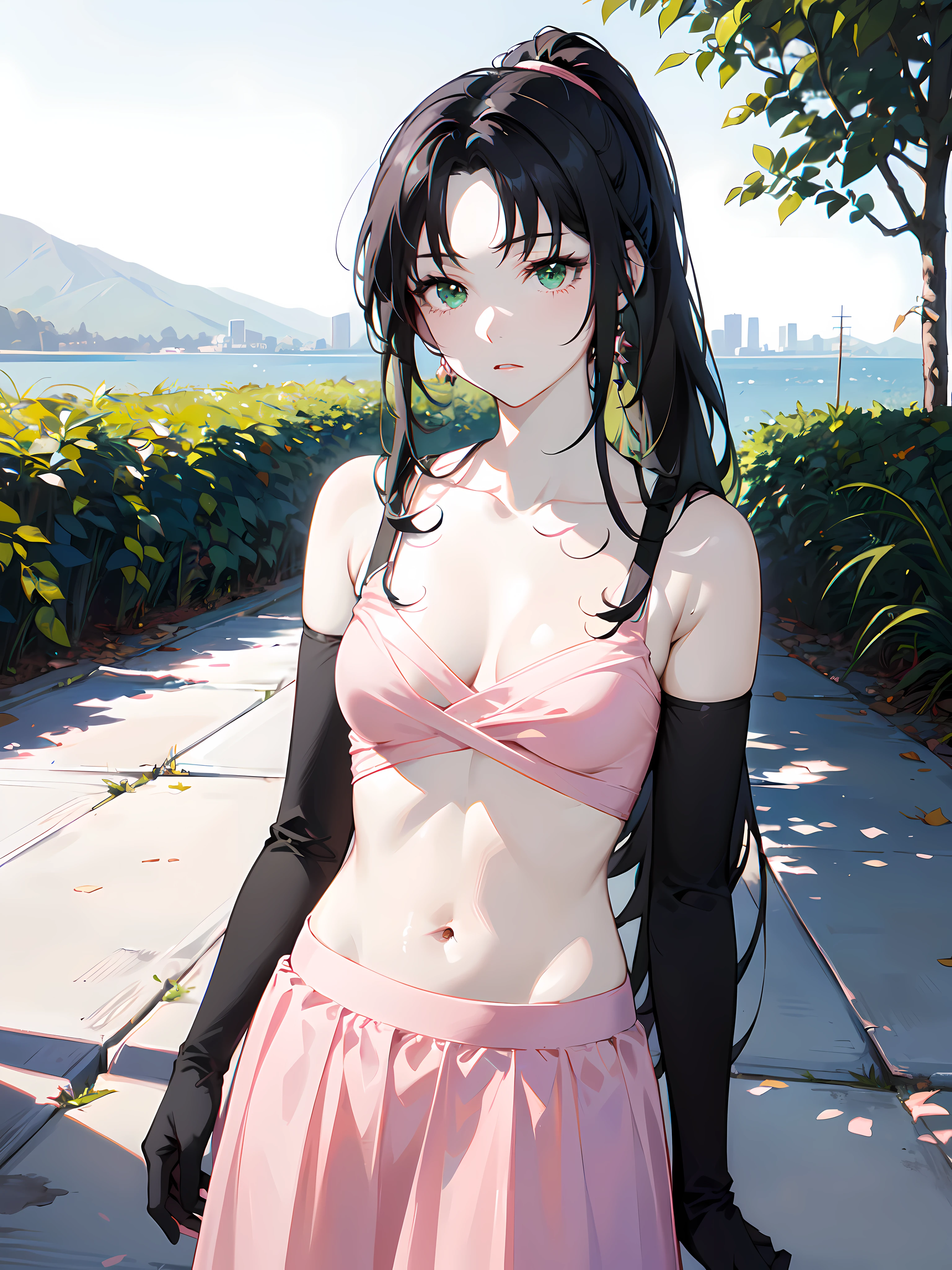 (masterpiece:1.2), (pale skin:1.2), (solo:1.2), (female:1.4), (emphasis lines:1.3), ponytail, (navel:1.1), (long pink skirt:1.4), (black forearm gloves:1.1), (black hair:1.2), green eyes, (outdoors:1.1), (navel:1.1), bare shoulders, collarbone