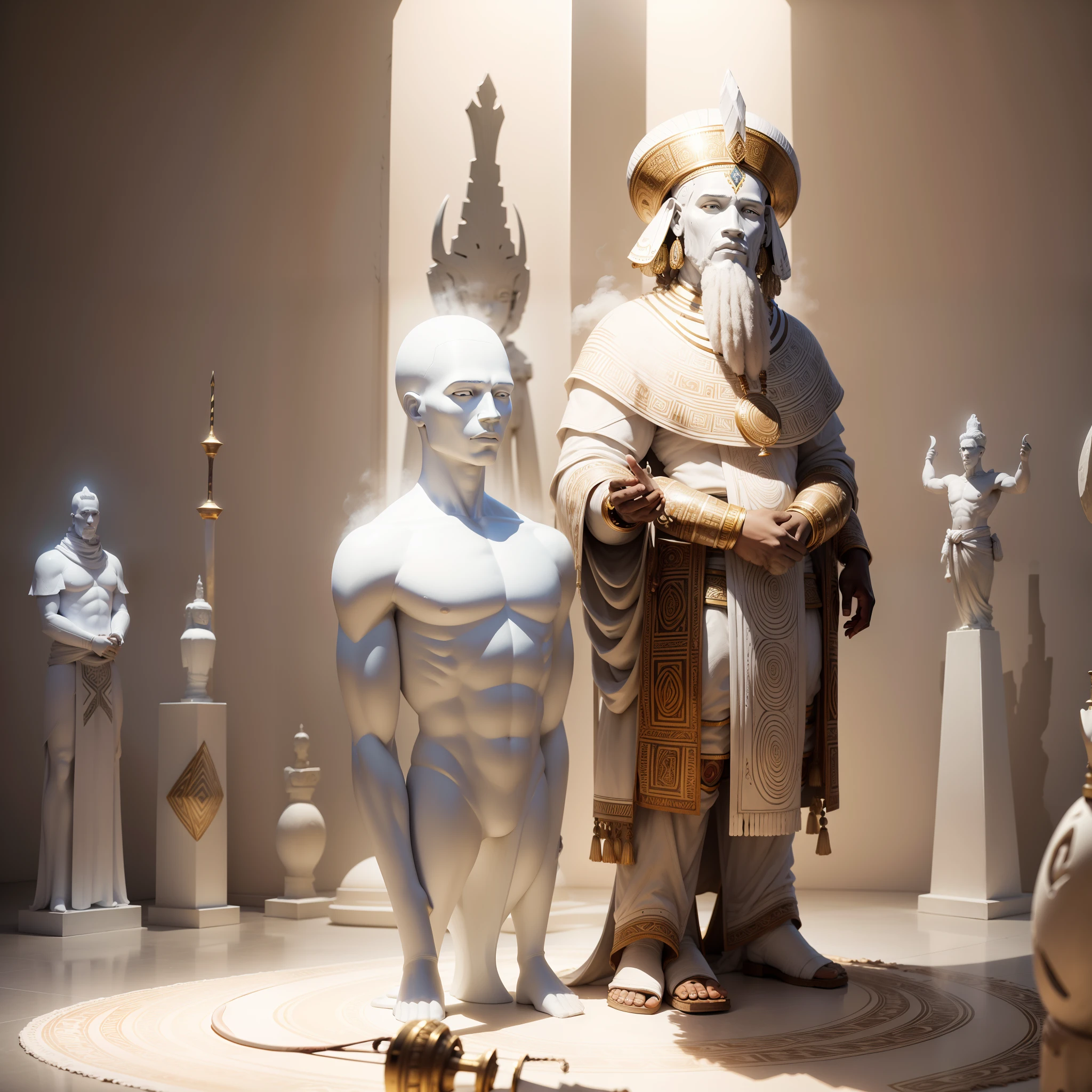 Full body shot of white coloured Giant head sculpture of an African man with African designs on it,  in a coloured white African designed room full of African weapons and African instruments, the whole scene in white colour, white smoke in scene, with iridescent light, highly-realistic image, 32k, ultra HD, cinematic lighting, artgerm style