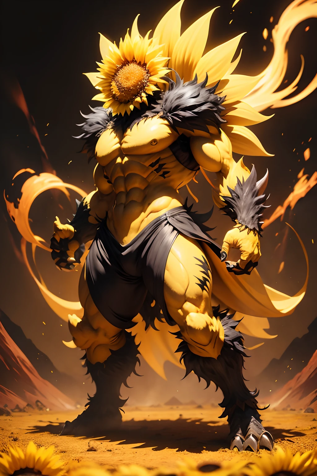 Sunflower monster, full body, yellow tones, Front view, attack posture, fierce look.