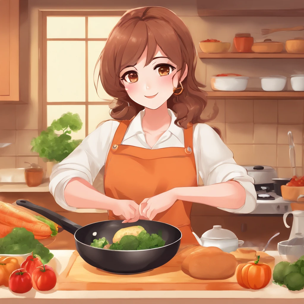 Flat anime style shading, anime woman, Anime-style characters, flat anime style,house wife、Have a frying pan, Brown hair, pinafore, Powerful Pose、kitchin, Powerful anime girl,illustratio、background orange、veggies、Baby