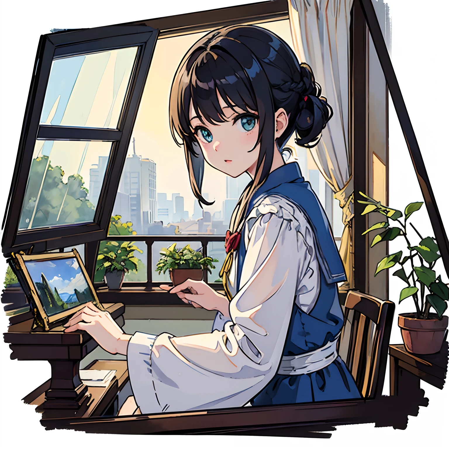 ((Watercolor by singer Sargent))、(top-quality、​masterpiece)、[(White background:1.5)::5]、(isometric:1.3)、In-person viewers、dynamic ungle、Skysky、​​clouds、
livingroom、sofas、window、drapes、Dappled sunlight、Potted plants、The table、cabinet、bookcase、paper、Desk lamp、typewriter、garden、
(1loli、solofocus:1.2)、cute little、ornament detached、(jewely:0.75)、(lanyard:0.9)、
(shorth hair、A dark-haired、)、