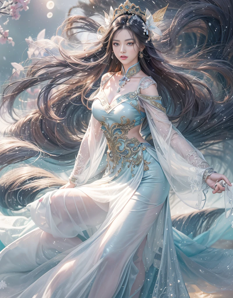 (beautiful model as Diao Chan in Chinese epic drama, beautiful Long hair), solo, ((face is 80% beauty and elegance, 20% pretty and cute:1.5)), (Her roots are in Eastern Europe and Asia), clear eyes, (detailed eyes, light brown eyes, bright pupils), Double Eyelids, (sexy lips with a little thickness:1.2), super detailed and incredibly high resolution shiny silver water sleeve costume, Highly Detailed Face Texture, (radiating confidence:1.25), striking body shape, curvy and very attractive woman, (pose emphasizing body shape:1.4), high-resolution RAW color photo pro photo, BREAK ultra high-resolution skin textures, High-res body rendering, big eyes, unparalleled masterpiece, incredible high resolution, super detailed, shiny skin, skin dantation, seductive gaze, stunning ceramic skin, BREAK Costume is (elaborate and gorgeous Chinese classical dance shiny silver water sleeve costume:1.5) and ((See-through shiny silver long skirts that dance in the wind:1.5)), (The main color is shiny silver:1.5), (Classical Chinese dance costumes with elaborate and graceful decorations:1.5), (The necklaces and bangles that shine in lapis lazuli, and the edges of the costumes also shine in lapis lazuli), (Dancing under the moonlight on a slightly snowy night:1.5), BREAK ((Costume fluttering and fluttering by right rotational movement:1.5)), ((Hair flows in a right-handed rotary motion:1.5)), BREAK ((Best Quality, 8k)), Crisp Focus:1.2, (Layer Cut, Big:1.2), (Beautiful Woman with Perfect Figure:1.4), (Beautifully shaped breasts:1.3), Slender Abs、Wet Body:1.5, (Correct hand shape:1.5), (NSFW:0.5)