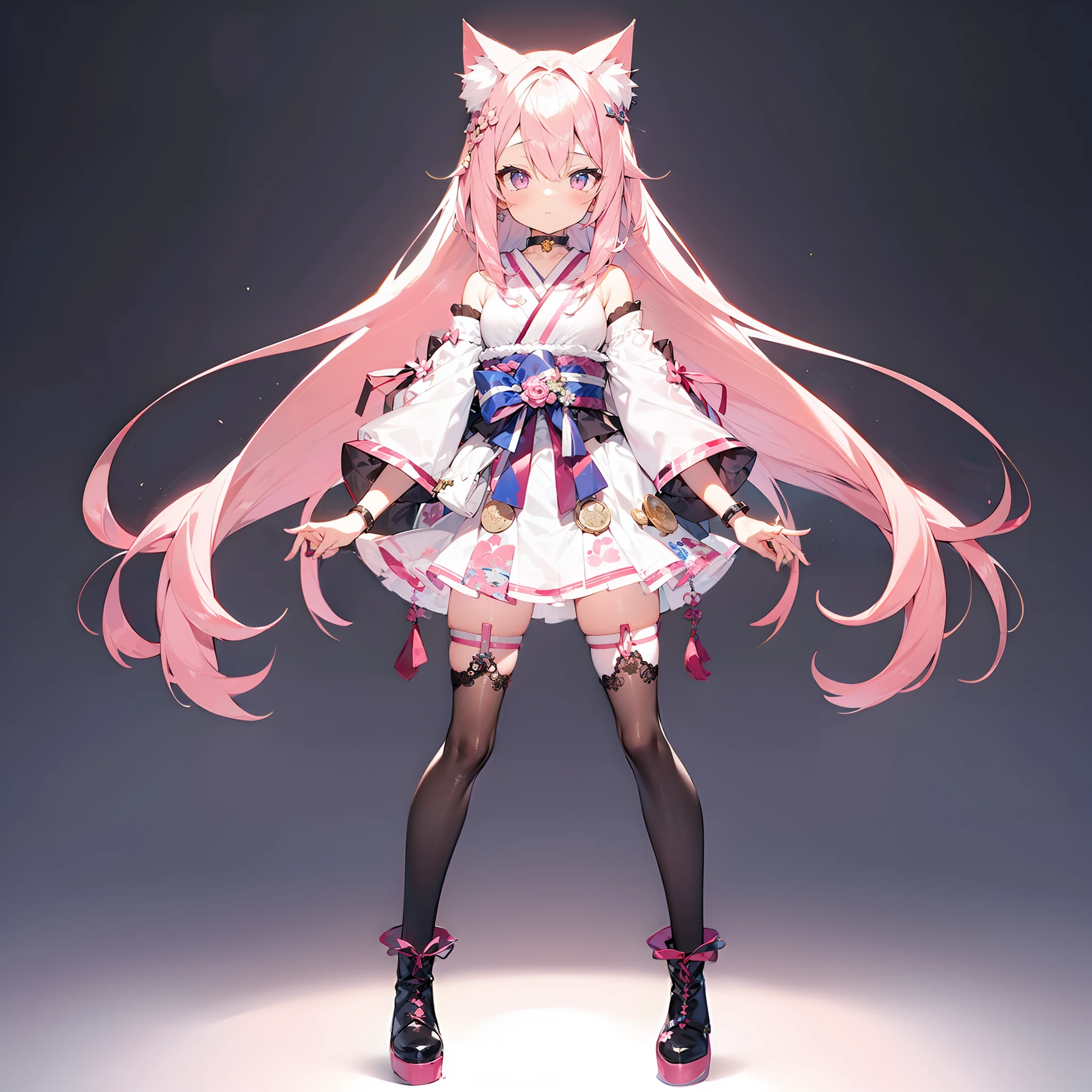 Cute girl with cat ears、Japan anime style、Moe、Full body painting、Standing Picture、Authentic and highly detailed body、小柄、girl with、childish、10yaers old、length hair、bangss、A pink-haired、Authentic and highly detailed face、beautiful eyes that are authentic and highly detailed,、 cat ear、Authentic and very delicate arms and hands、Authentic and highly detailed human hands(5 fingers)、The most beautiful girl in the world、Delicate and beautiful pink cat eyes、Authentic skin texture、komono、lolita、a miniskirt、Authentic and highly detailed pink knee-high socks、Authentic and highly detailed long boots、An ultra-high picture quality