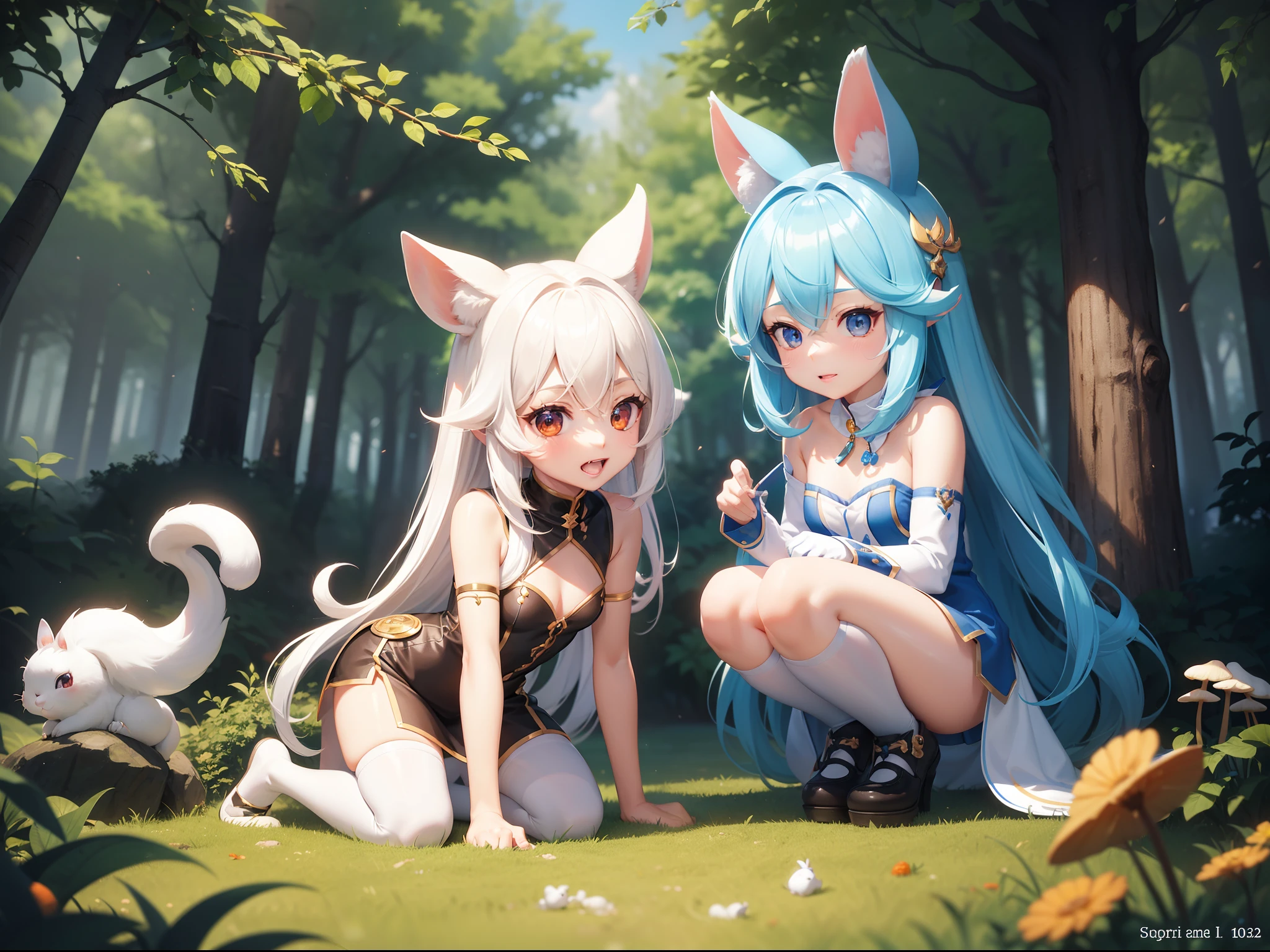 There are small white rabbits with carrots and long ears,  White long ears、I'm with a girl with long blue hair and a chibi character。It is a cute costume in white and blue。Dark eyes。cute forest creature, Cute mushrooms also grow、Adorable Digital Painting, cute detailed digital art, the squirrel king, Cute digital art, cute cartoon characters, cute character, CuteCreatures, Cutie, official illustrations, Official art, squirrel, maplestory mouse, astri lohne,  cute 3d render