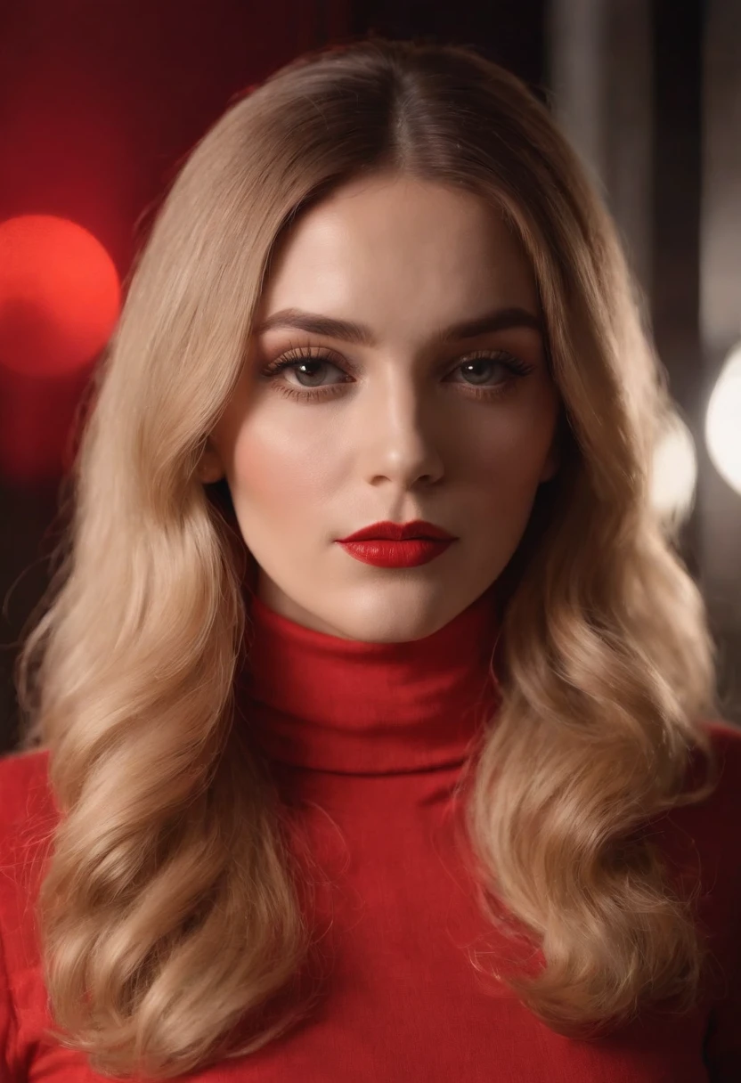 woman with collected hair and flashy makeup, 70s style model pose, turtleneck top, red lights, half length shot, high quality photo, medium shot