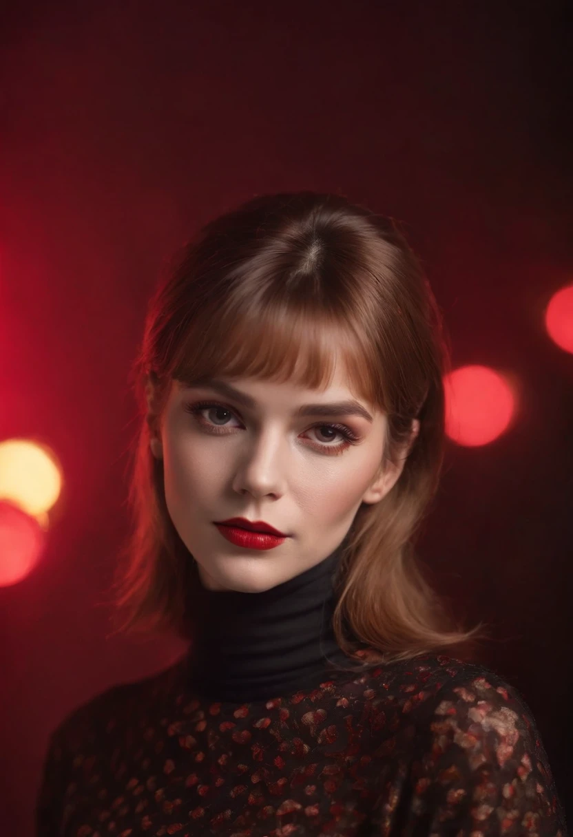 woman with collected hair and flashy makeup, 70s style model pose, turtleneck top, red lights, half length shot, high quality photo, medium shot