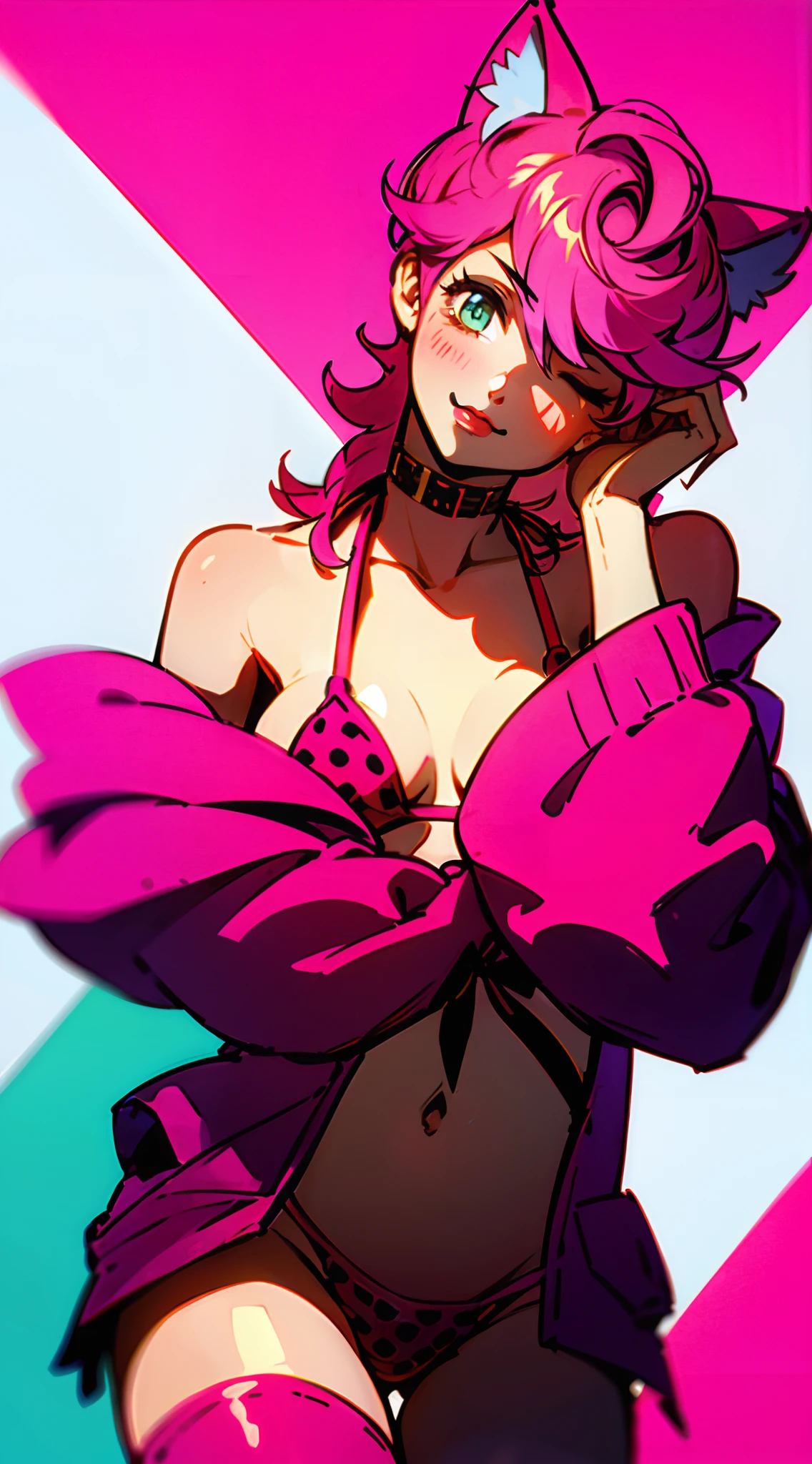 trishuna, trishjojo, trish jojo, trish una, pink hair, green eyes, pink lipstick, full lips, absurdres, absolutely resolution, incredibly absurdres, highres, ultra detailed, official art, unity 8k wallpaper, Kinetic Typography
BREAK
(1girl, solo:1.4), (, child, cute, kawaii), dynamic poses, dynamic angle, cowboy shot, upper body
BREAK
smile, blush, looking at viewer, (peace symbol, fingers to cheeks:1.2), (head tilt, model posing:1.4), tongue out, one eye closed
BREAK
animal ears, animal ear fluff, cat ears, long hair, very long hair, pink hair, hair between eyes, bangs, blue eyes, breasts, small breasts, navel, closed mouth, hands up, groin, collarbone, coquettish skin
BREAK
open clothes, open shirt, open jacket, (pink jacket:1.4), shirt, pink shirt, sleeves past wrists, long sleeves, off shoulder, bare shoulders BREAK swimsuit, polka dot, bikini, micro bikini, (lowleg bikini ,polka
dot
bikini , pink bikini,:1.4) (tie_side, string bikini:1.2)
BREAK
thighhighs, white thighhighs, thigh gap, skindentation
BREAK
white background, simple background
BREAK
nice hands, perfect hands,
